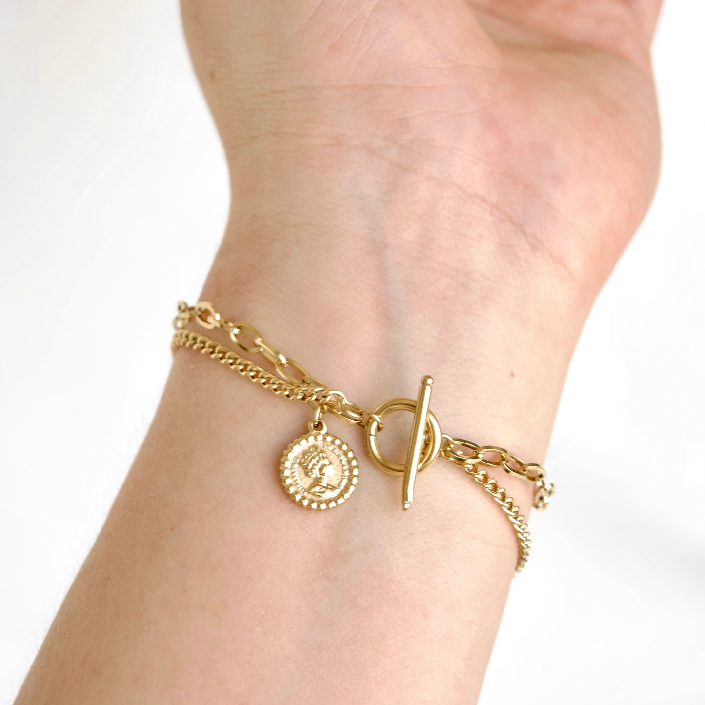 Double Layered Coin Charm Toggle Bracelet - Stainless Steel