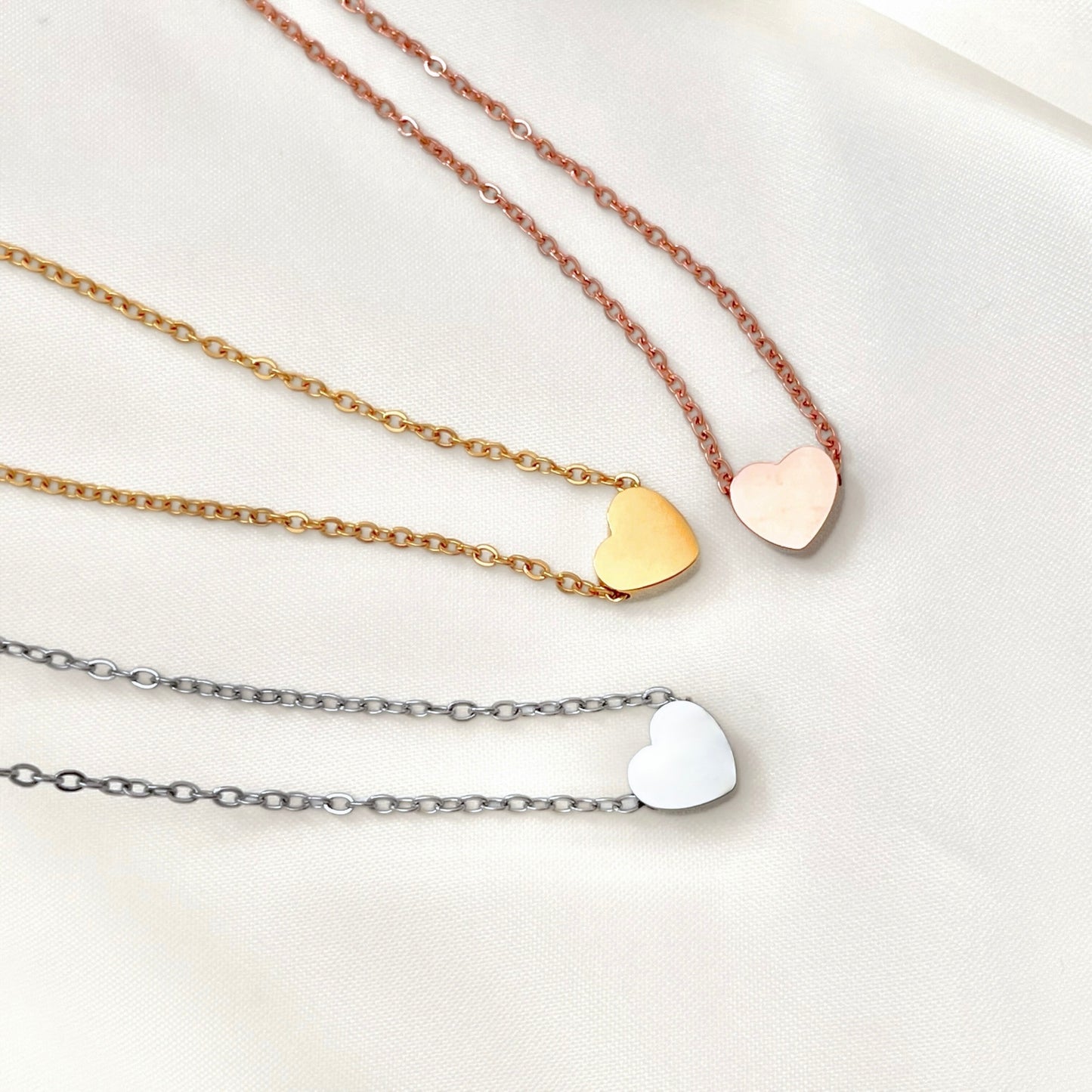 Mini Heart Necklace, Engravable, Waterproof Stainless Steel, Gold, Rose Gold and Silver, 18"