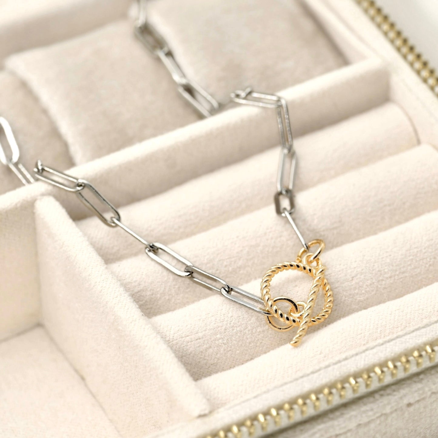 A close-up of a silver paperclip chain necklace with a gold toggle clasp pendant, displayed inside a cream-colored jewelry organizer.