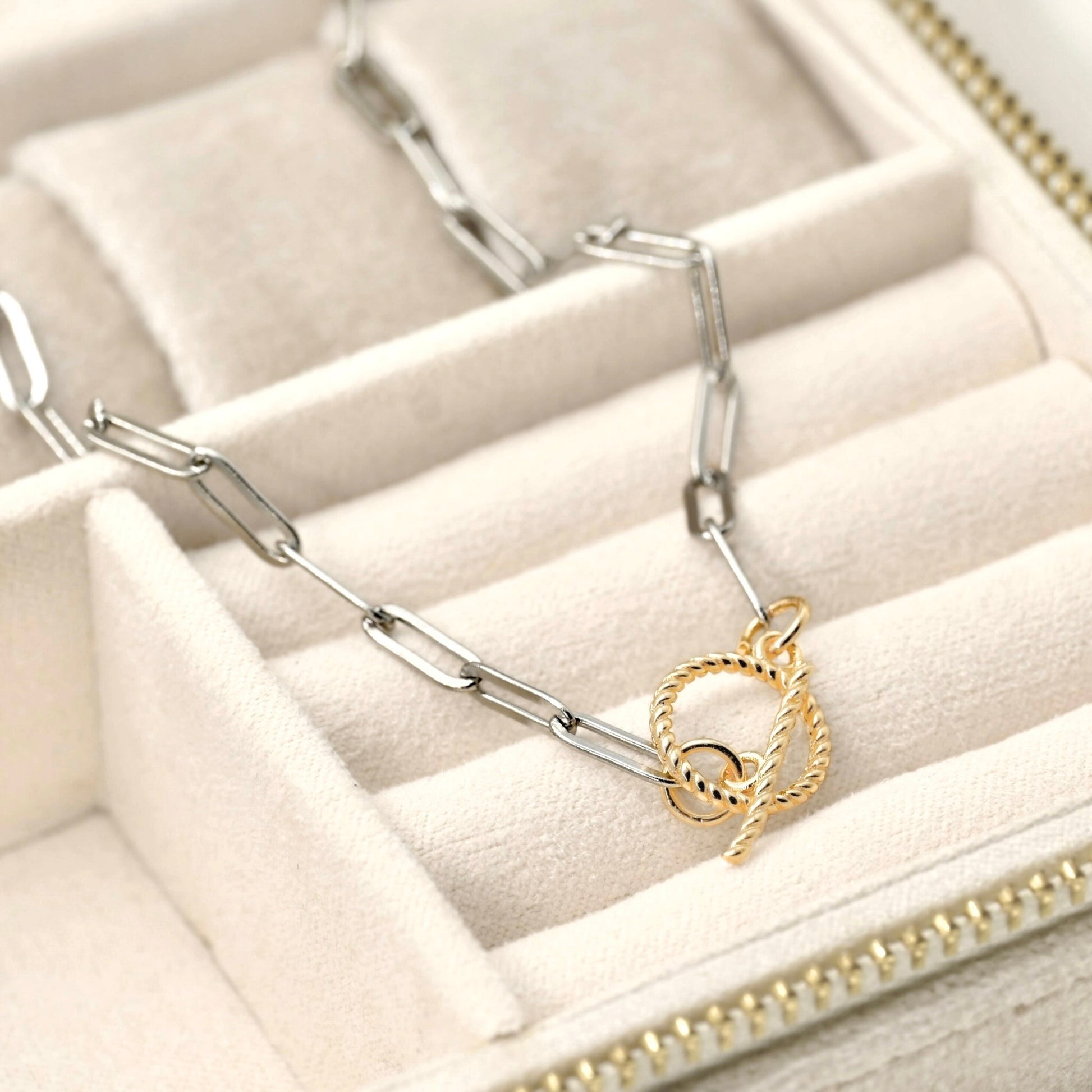 A close-up of a silver paperclip chain necklace with a gold toggle clasp pendant, displayed inside a cream-colored jewelry organizer.