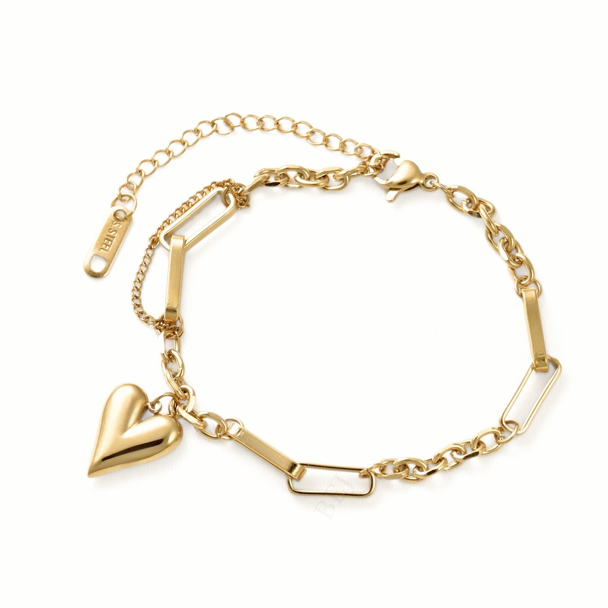 A gold-plated chain bracelet featuring a polished heart charm, rectangular bar links, and an extender chain with a lobster clasp, shown on a plain white background.