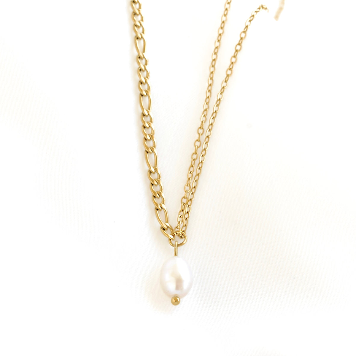Mixed Chain Pearl Necklace - Stainless Steel Figaro & Cable