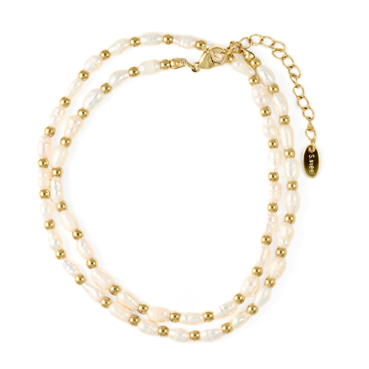 A dgold pearl necklace with gold spacer beads and a gold clasp, displayed on a clean white background.