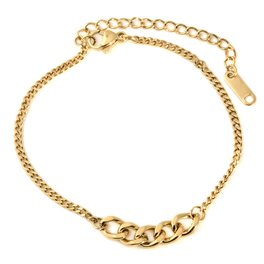 Gold bracelet with mixed 3mm and 5mm curb chains on a white background