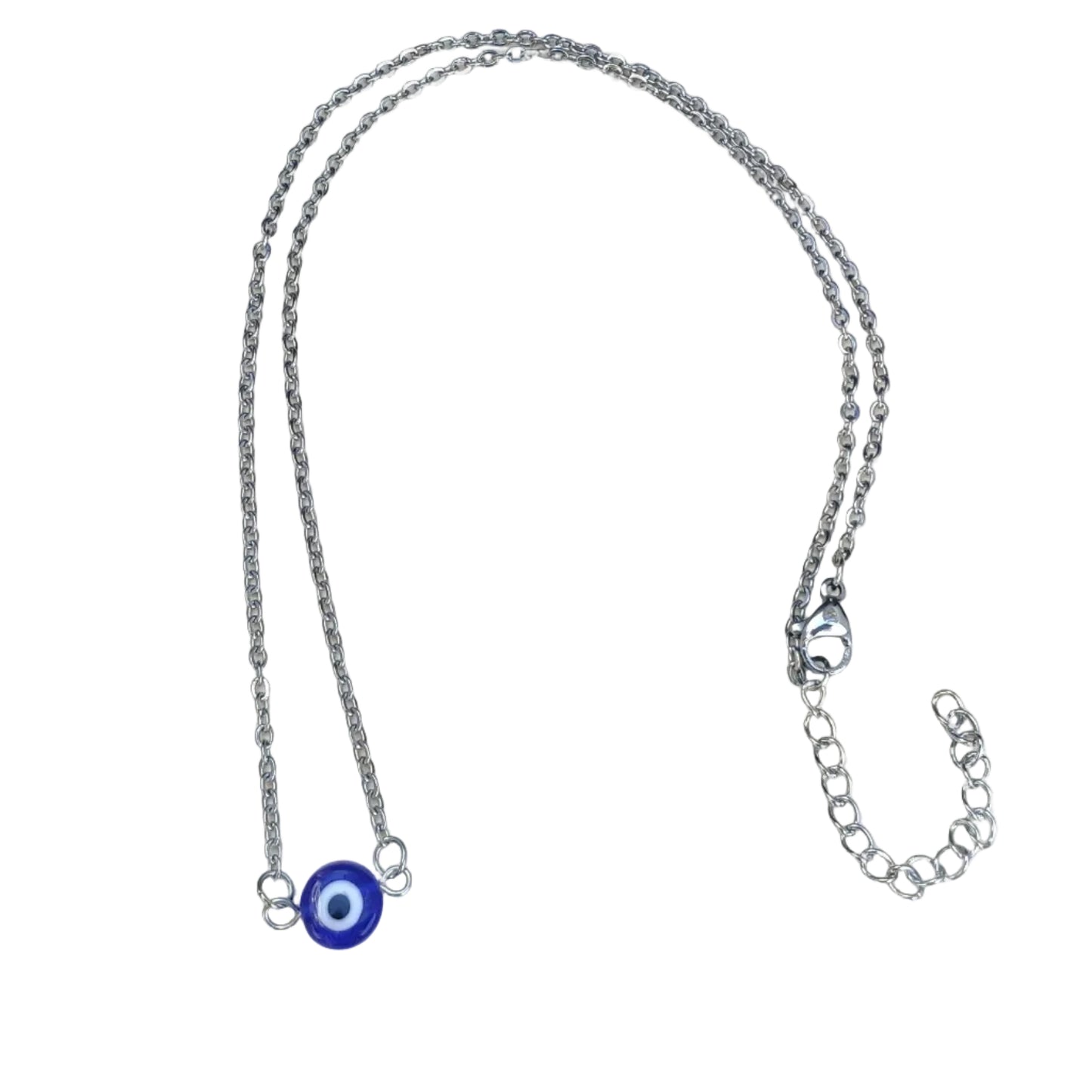 Silver Necklace with a  plastic round blue evil eye charm on a white plate
