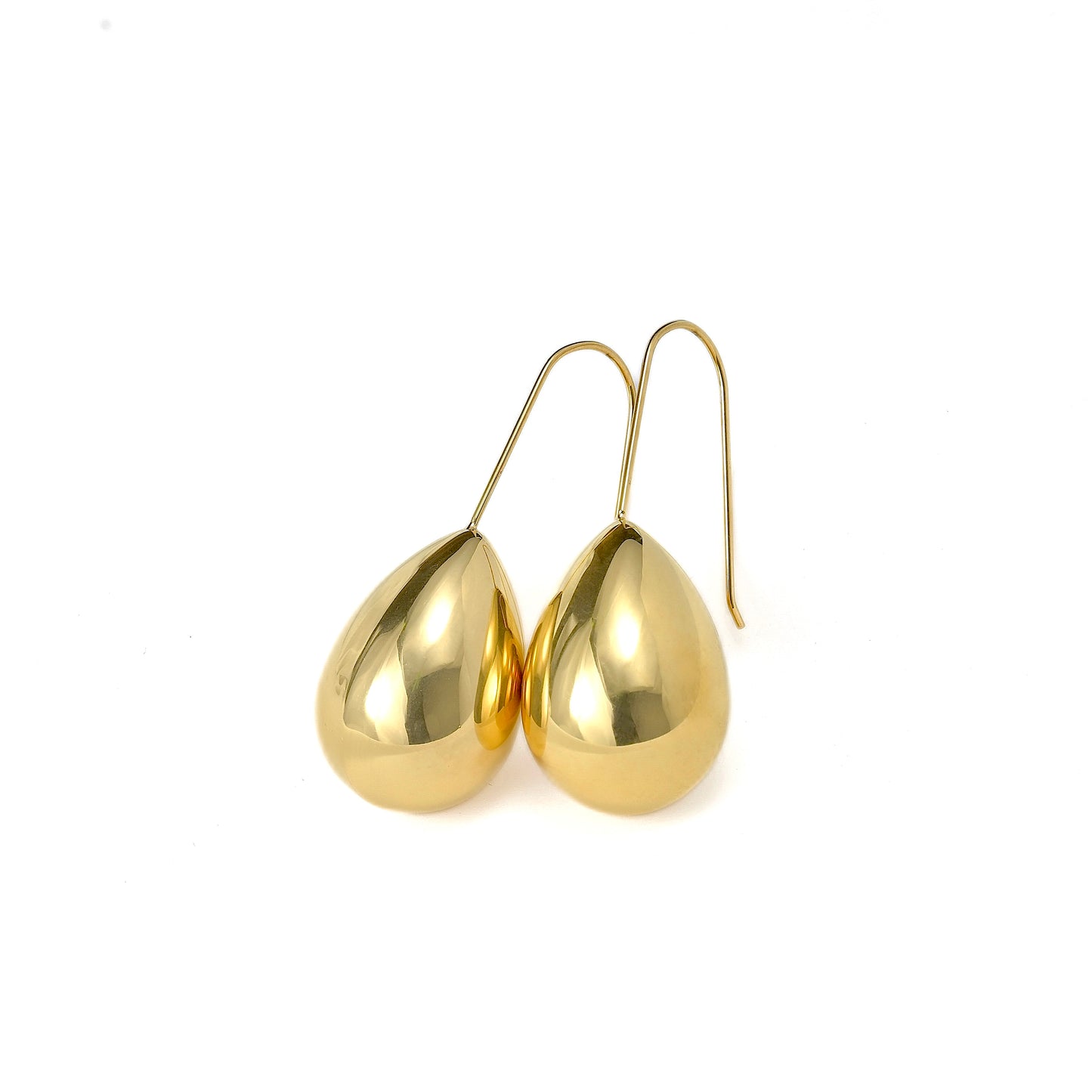 Pair of gold waterdrop earrings on a white background