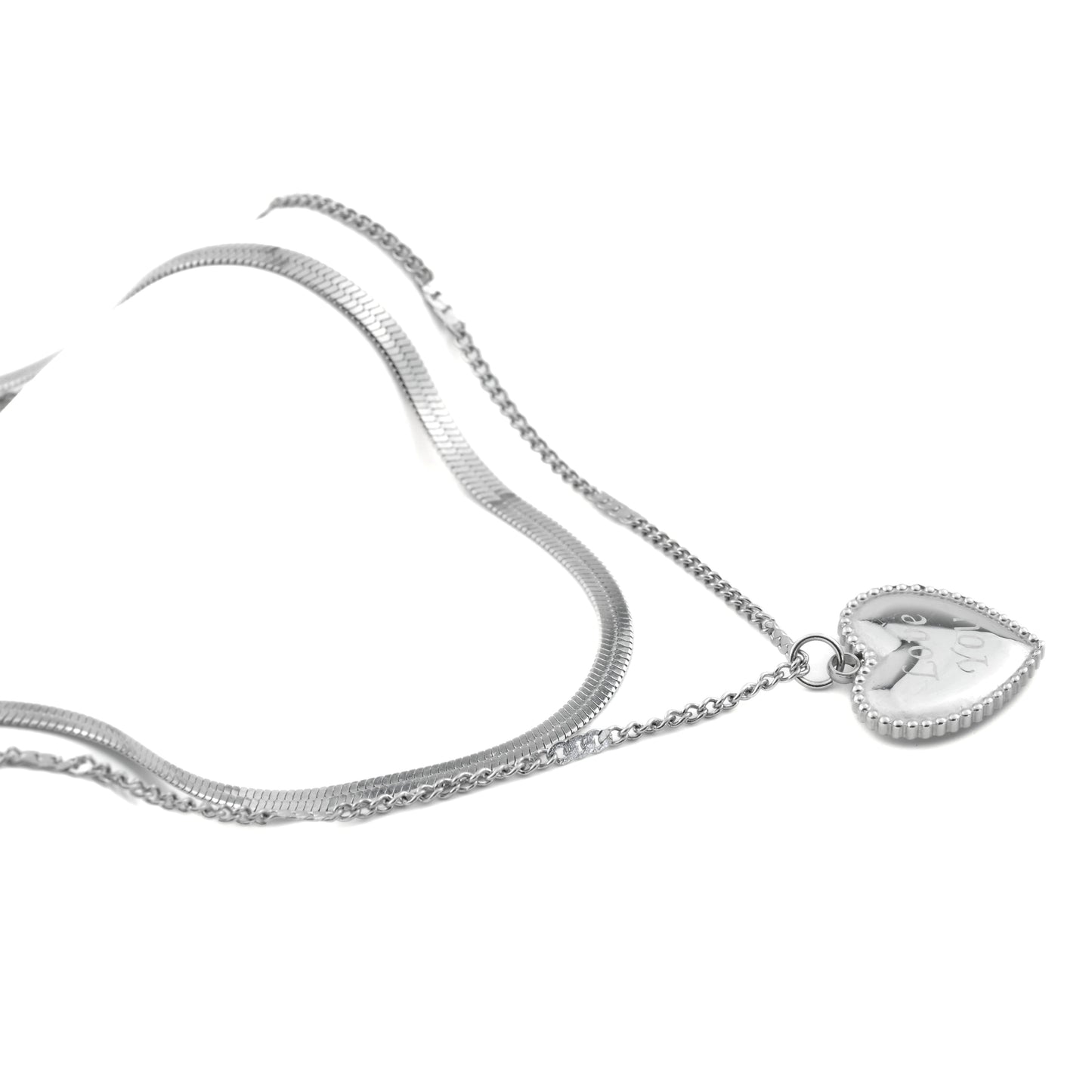 Engraved Heart Pendant & Gold Herringbone Chain, Waterproof Stainless Steel Layered Necklace Set
