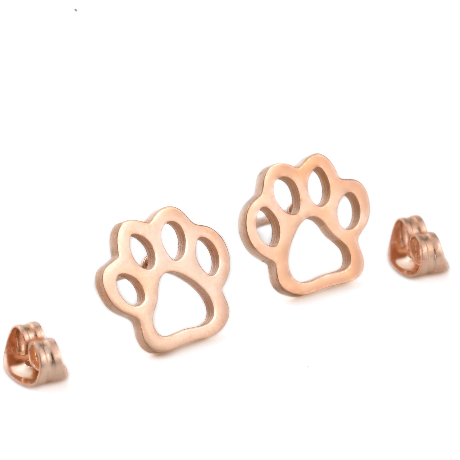 Rose gold paw print earrings on a white background with butterfly back on either side.