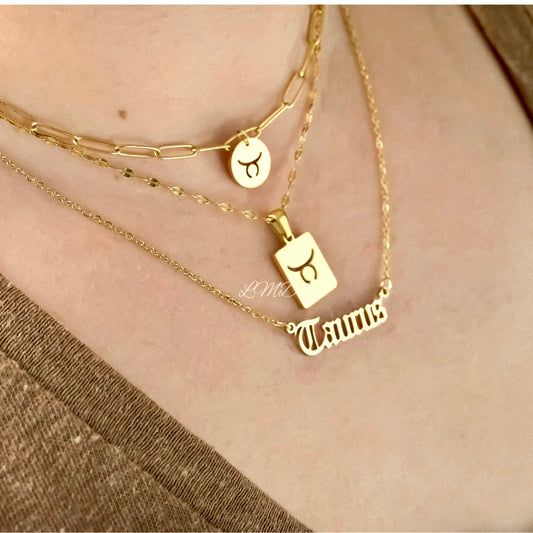 Gold Zodiac Necklace, with Old English Letters, Tag and Coin Charm, Stainless Steel, Waterproof