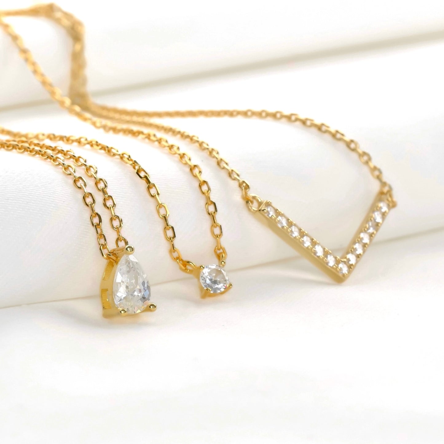 925 Sterling Silver Diamond Charm Necklace, Gold Plated, Teardrop Solitaire Chevron Charms