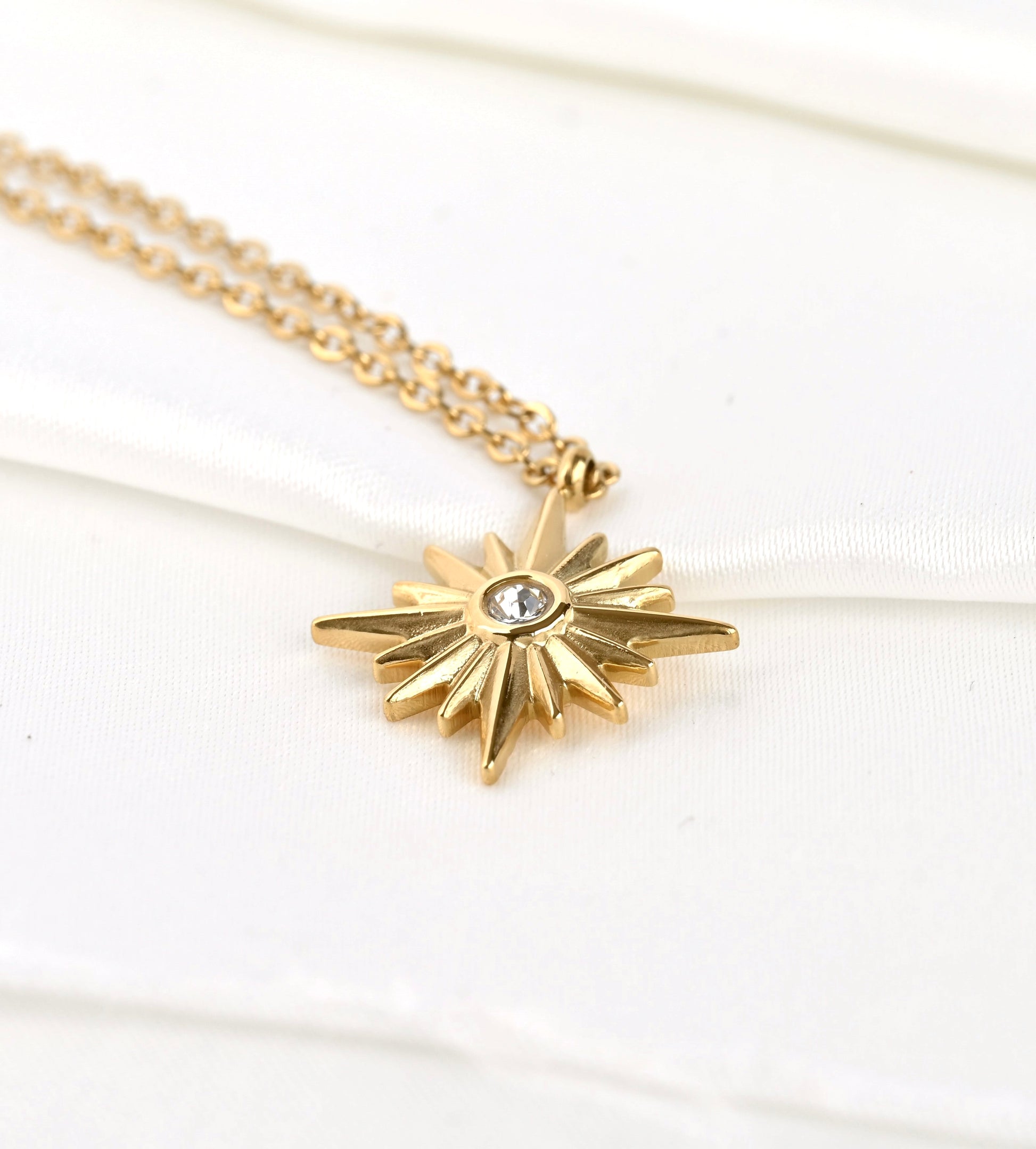front view showing the thickness of gold north star pendant