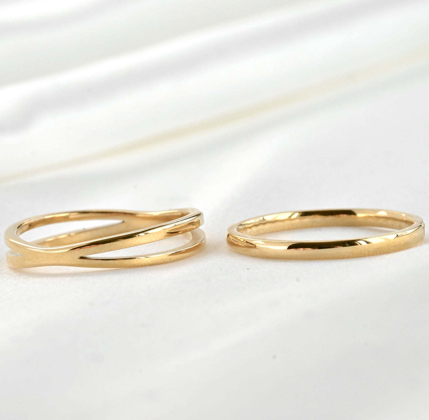 Diamond Stacker Ring Set, Gold Crossover and Straight Pavé Bands, Tarnish-free