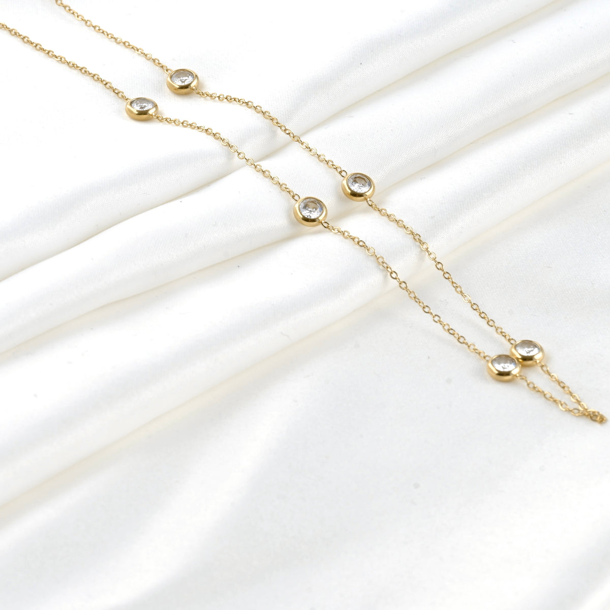 Gold Bezel Station Necklace - Stainless Steel - 18"