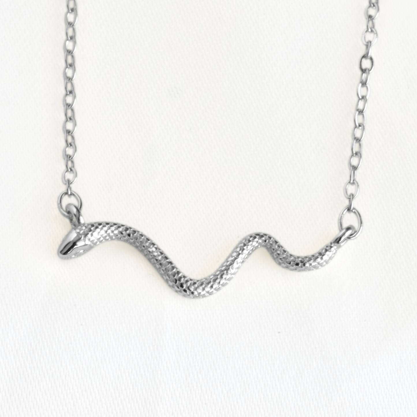 A silver snake pendant necklace with a textured scale finish, suspended from a delicate silver link chain against a plain white background.