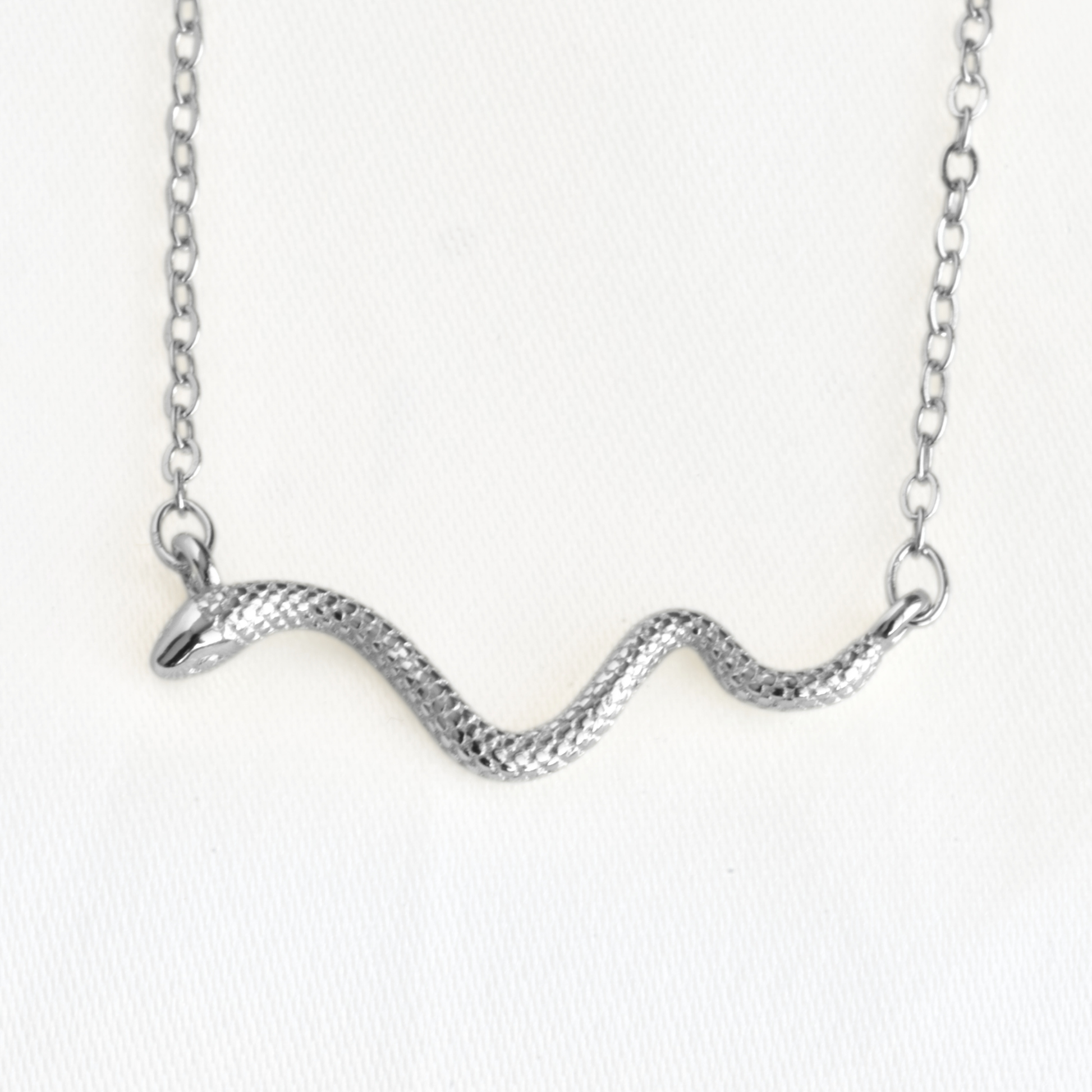 A silver snake pendant necklace with a textured scale finish, suspended from a delicate silver link chain against a plain white background.