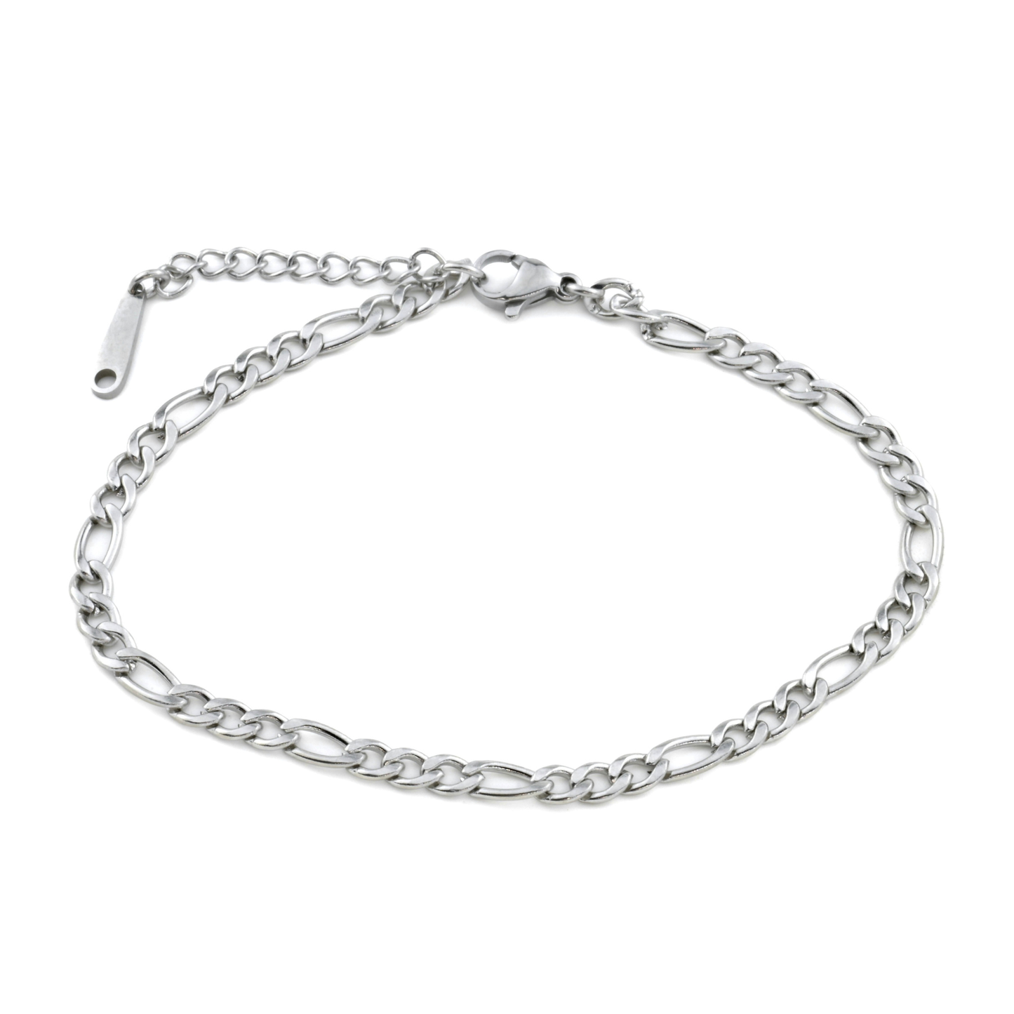 Silver figaro chain bracelet on a white background
