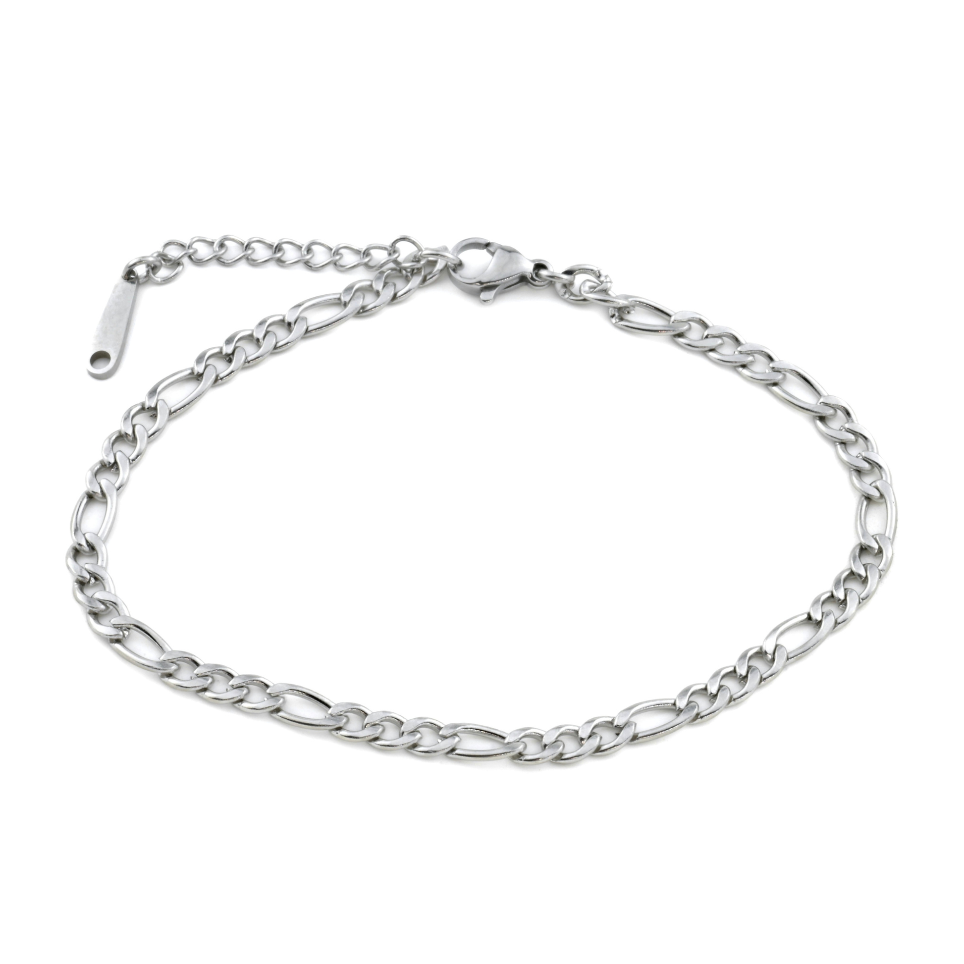 Silver figaro chain bracelet on a white background