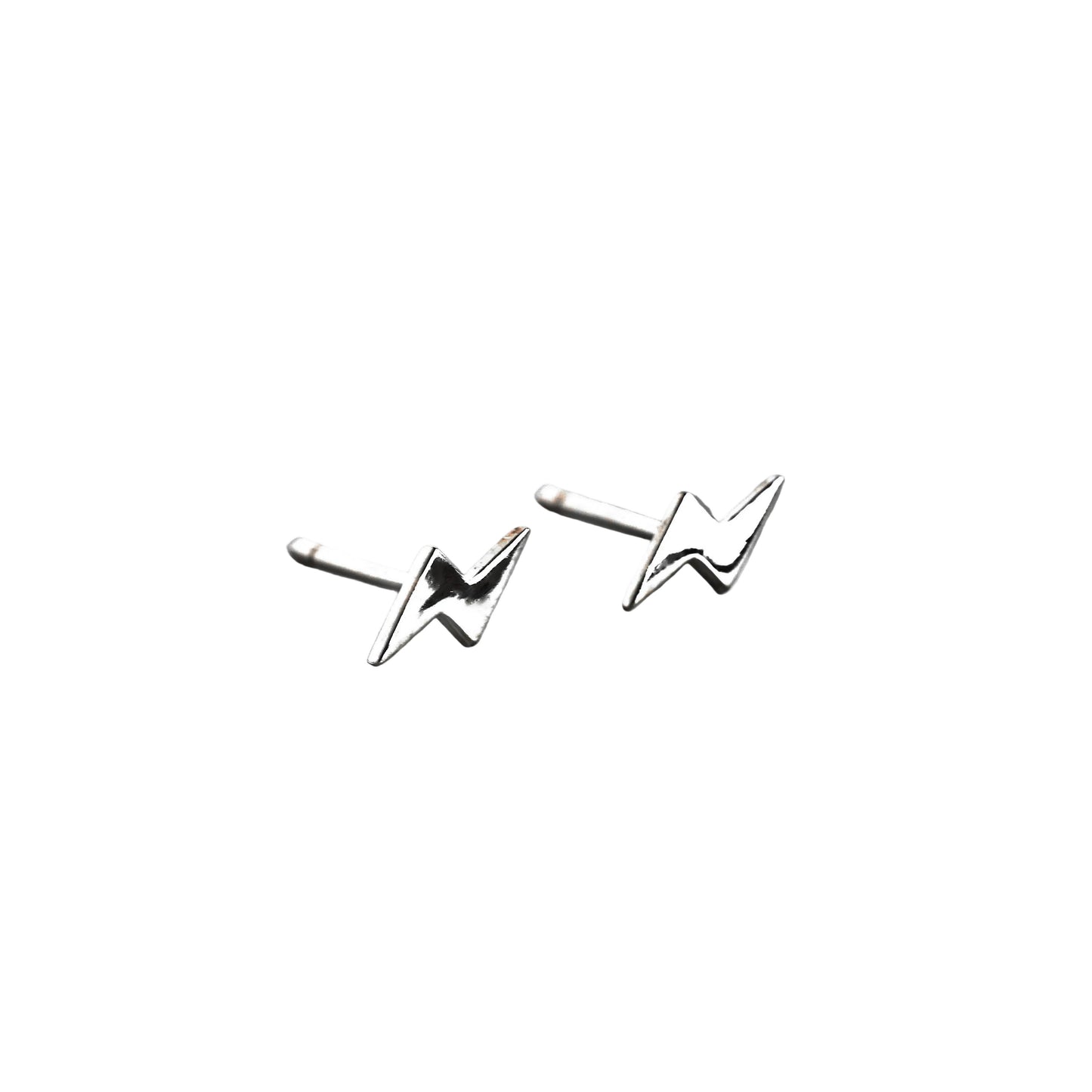 Pair of silver thunder stud earrings on a white background