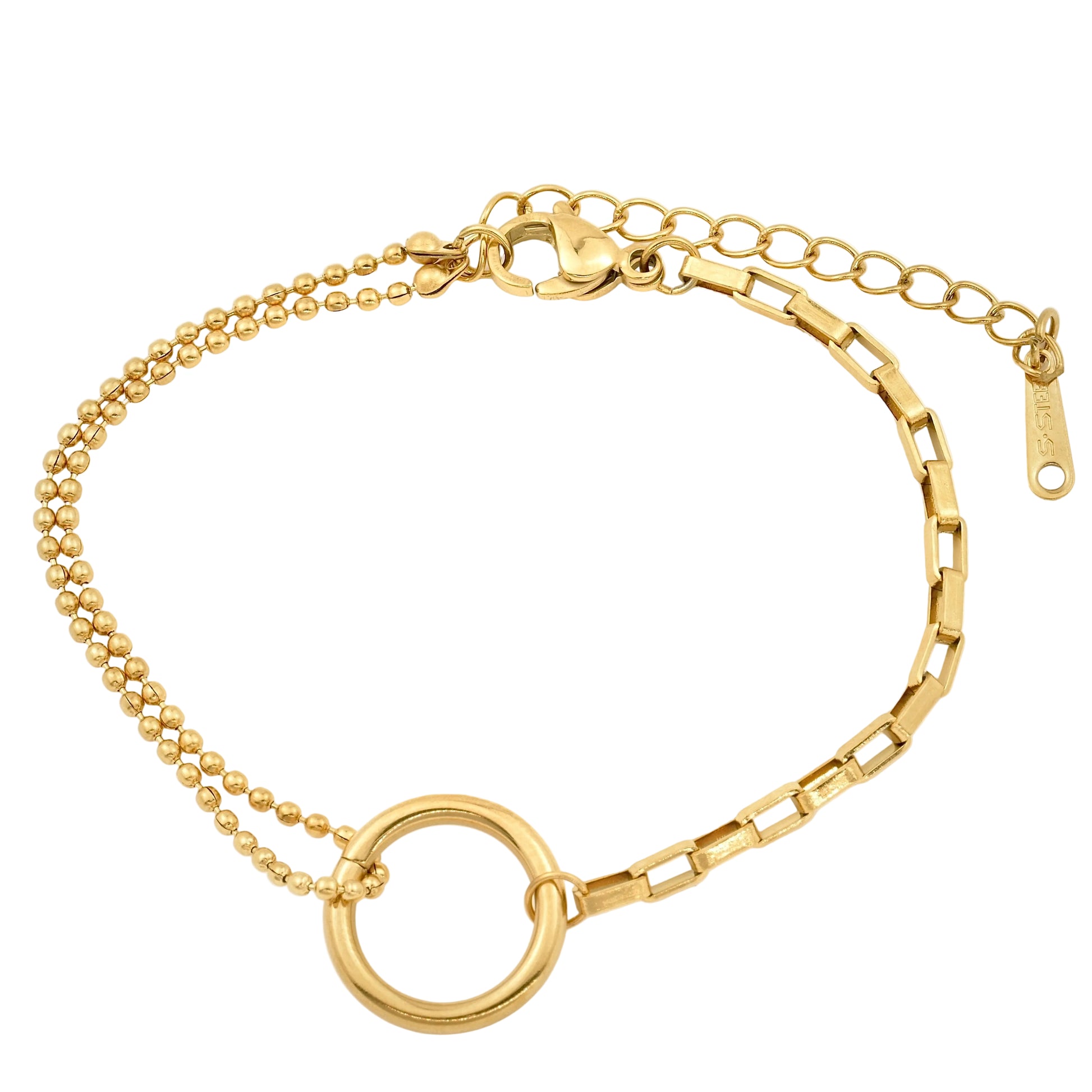 Top view of gold circle bracelet with mixed chains and a "S.steel" material tag at the end on a white background