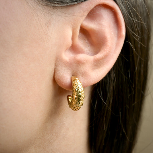 Textured gold hoop earring worn by a person with a neutral background