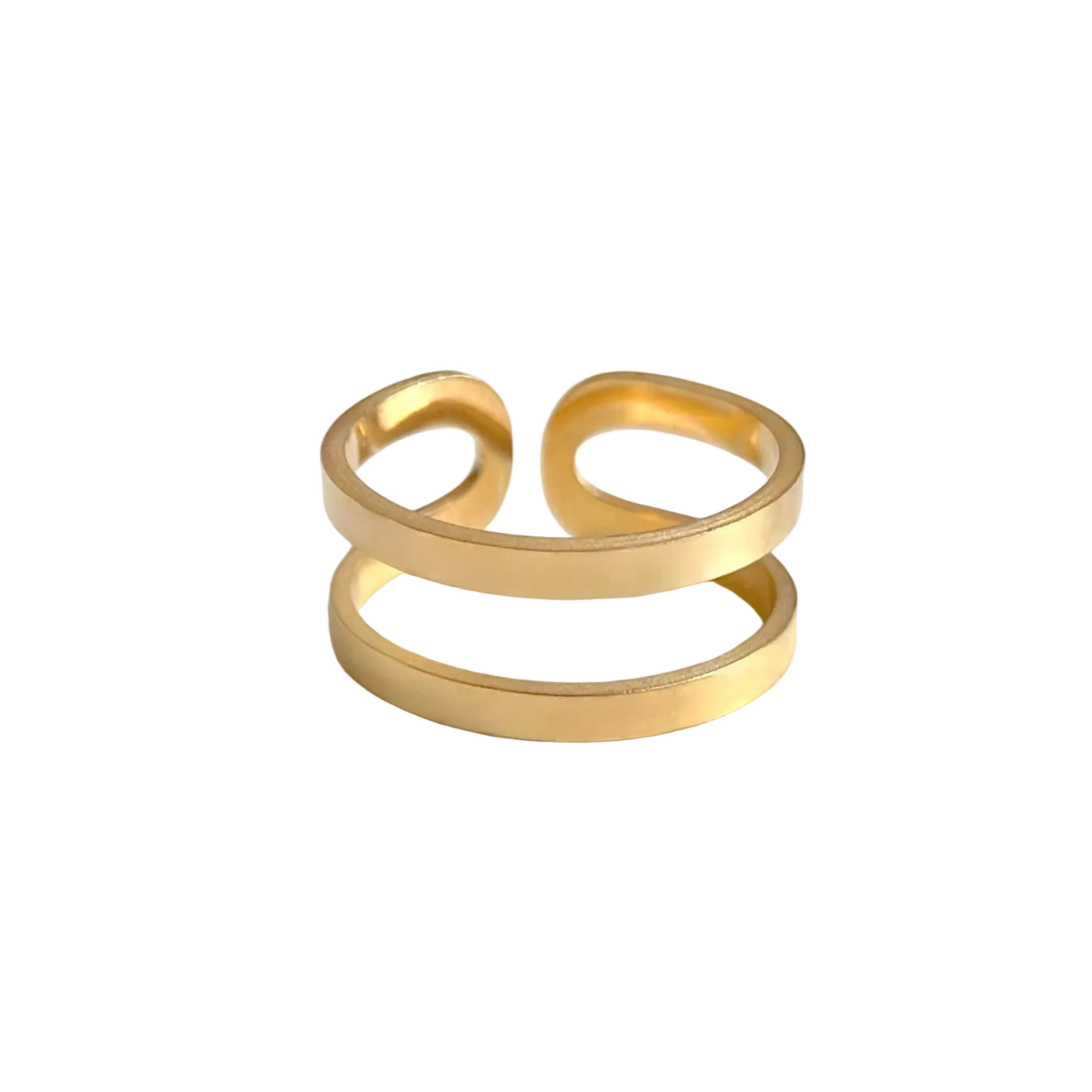 Gold Double layered open ring with rounded ends on a white background