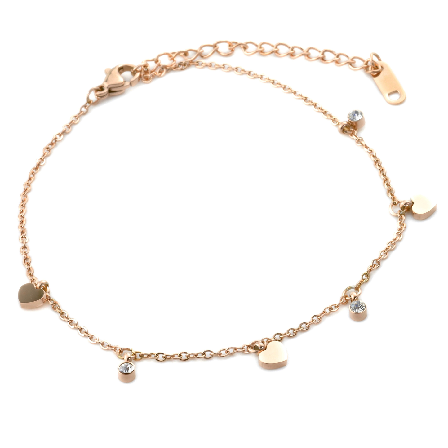 Diamond Heart Anklet, CZ and Heart Charm Ankle Bracelet, Stainless Steel, Waterproof