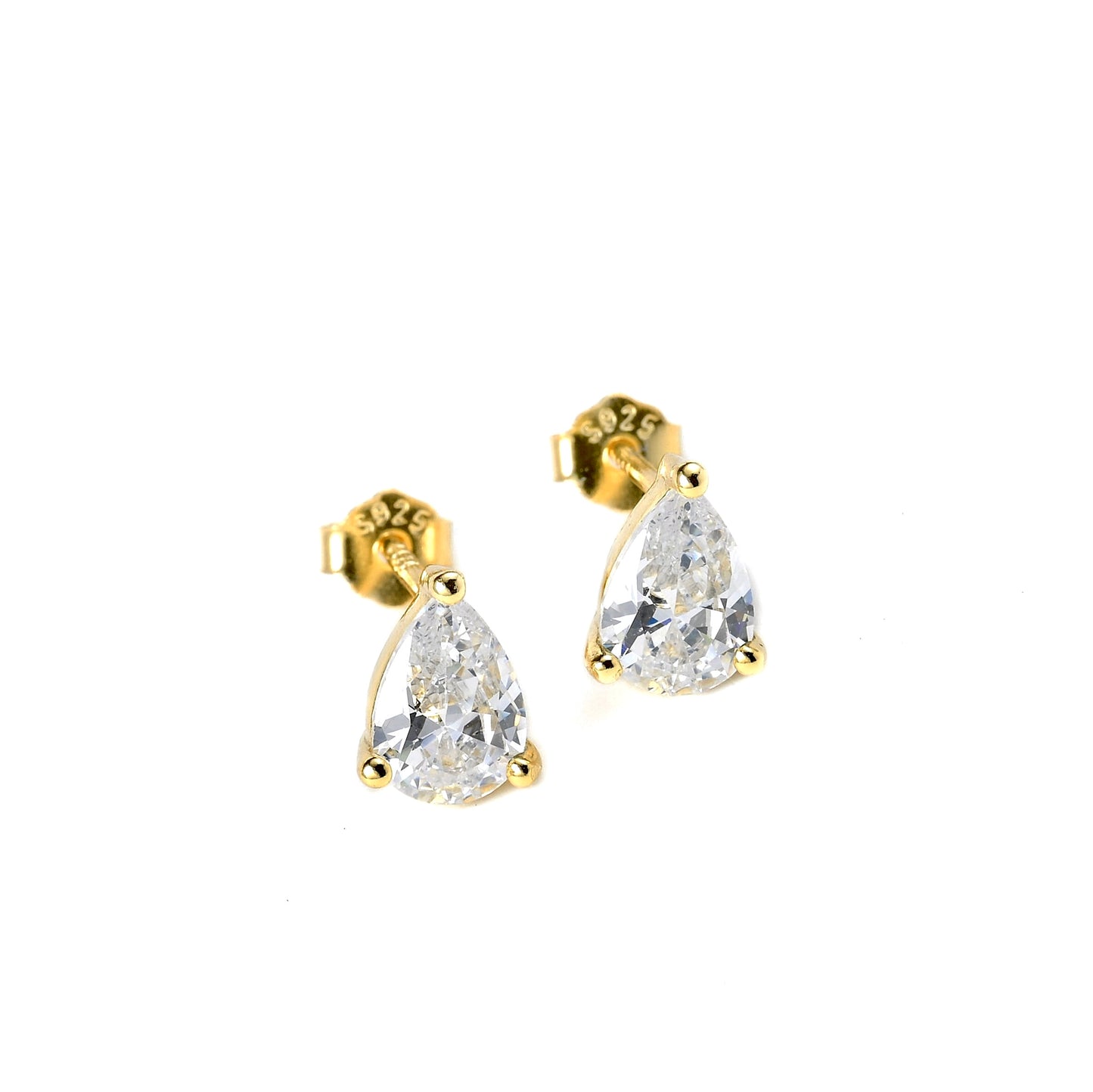 Gold teardrop earrings with clear gemstones on a white background including butterfly backs with S925 hallmark.