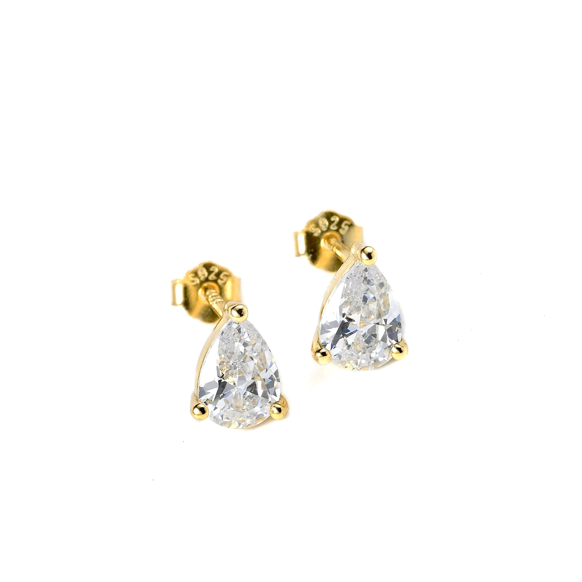 Gold teardrop earrings with clear gemstones on a white background including butterfly backs with S925 hallmark.
