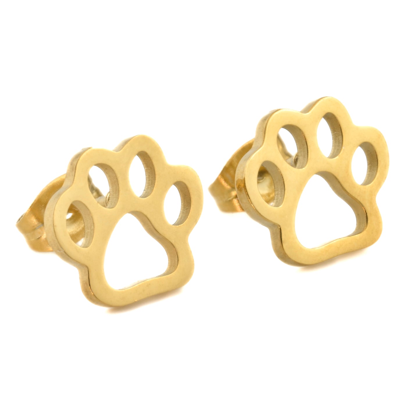 Gold paw print stud earrings on a white background