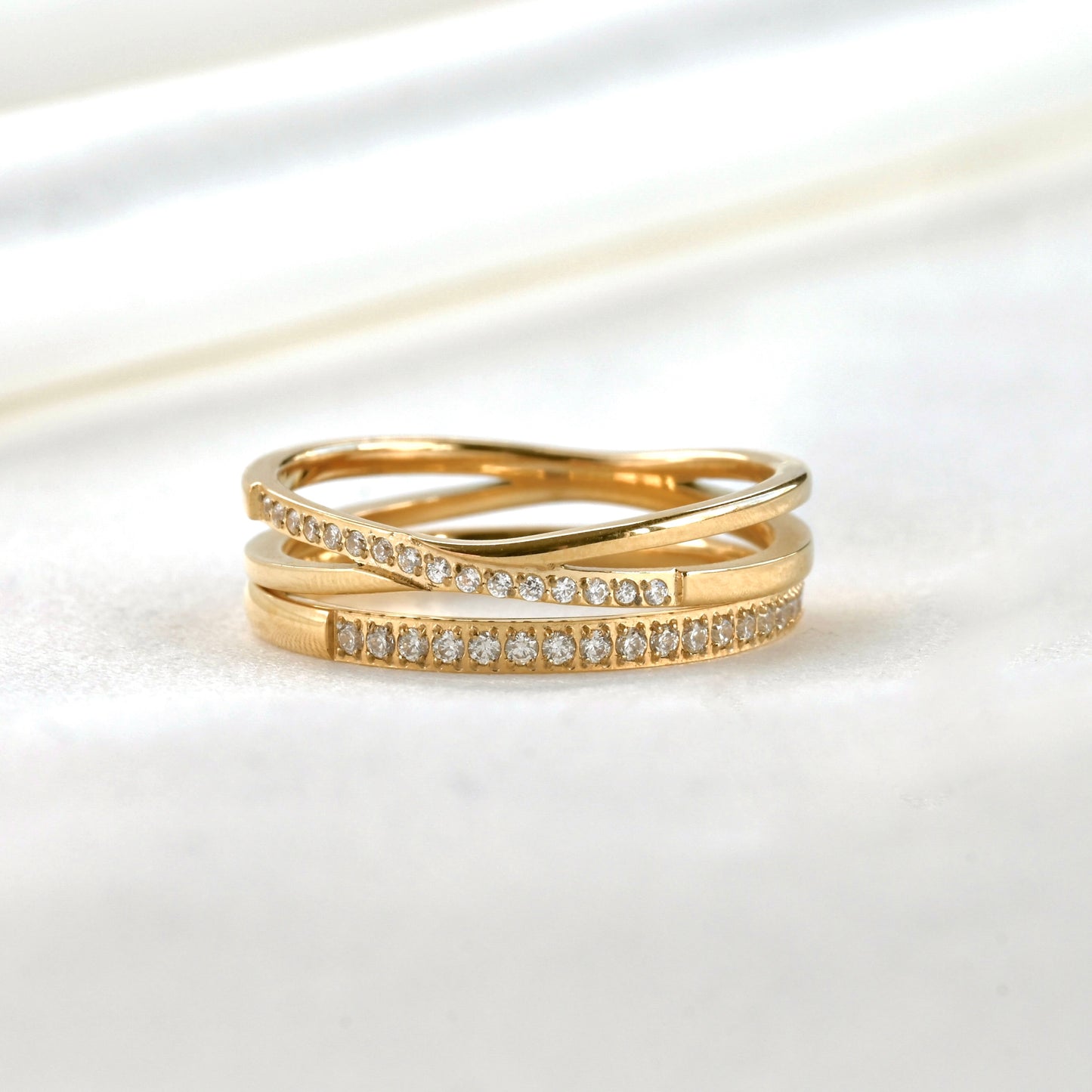 Diamond Stacker Ring Set, Gold Crossover and Straight Pavé Bands, Tarnish-free