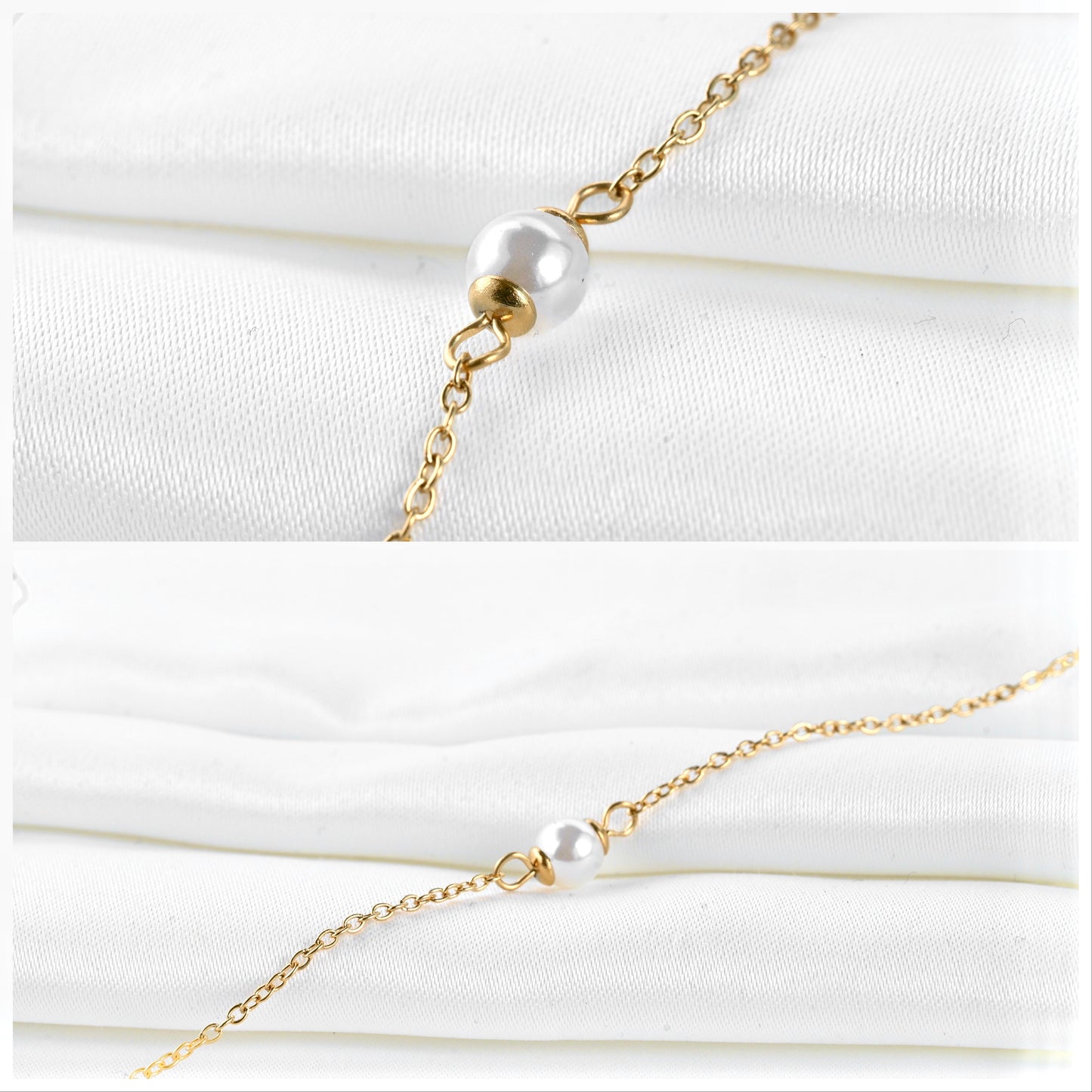Single pearl bracelet with a simulated pearl centered along a dlicate gold cable chain 