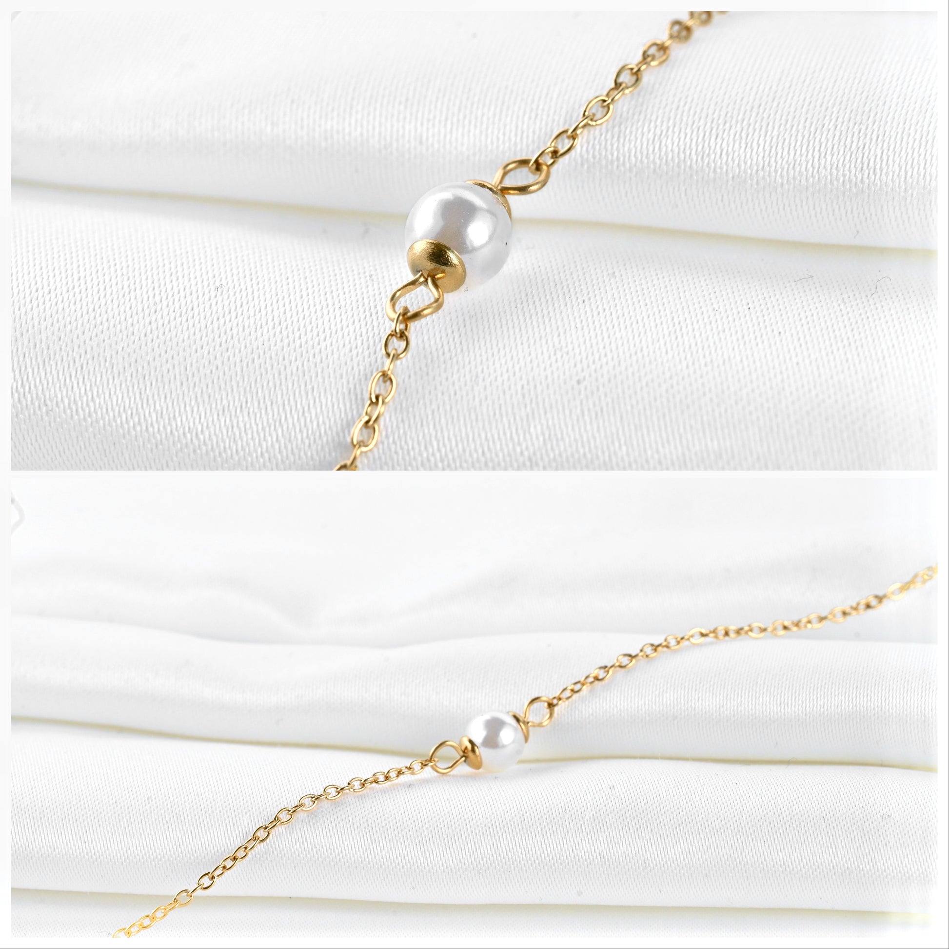 Single pearl bracelet with a simulated pearl centered along a dlicate gold cable chain 