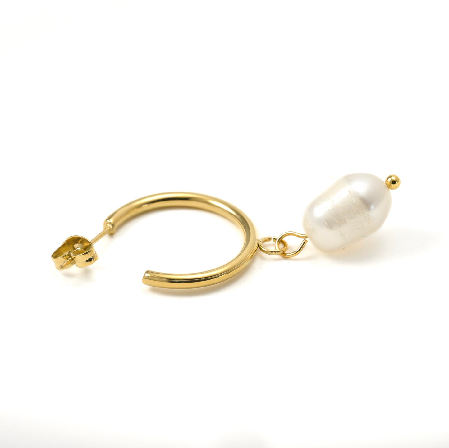 Gold open hoop earring with a push-back closure and oval freshwater pearl drop on a white background