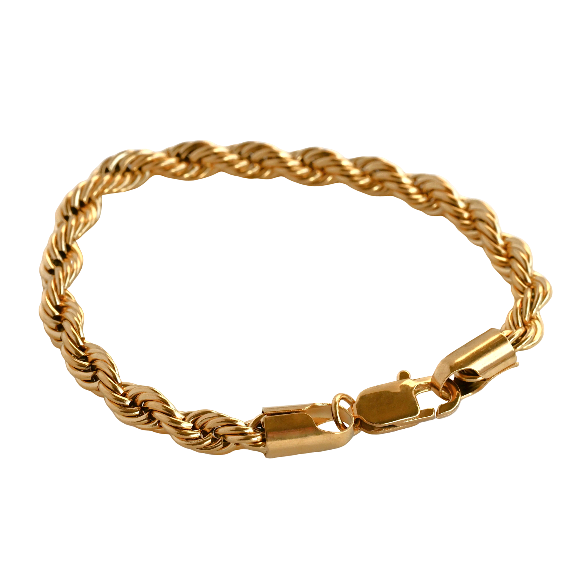 Chunky gold rope chain bracelet on a white background