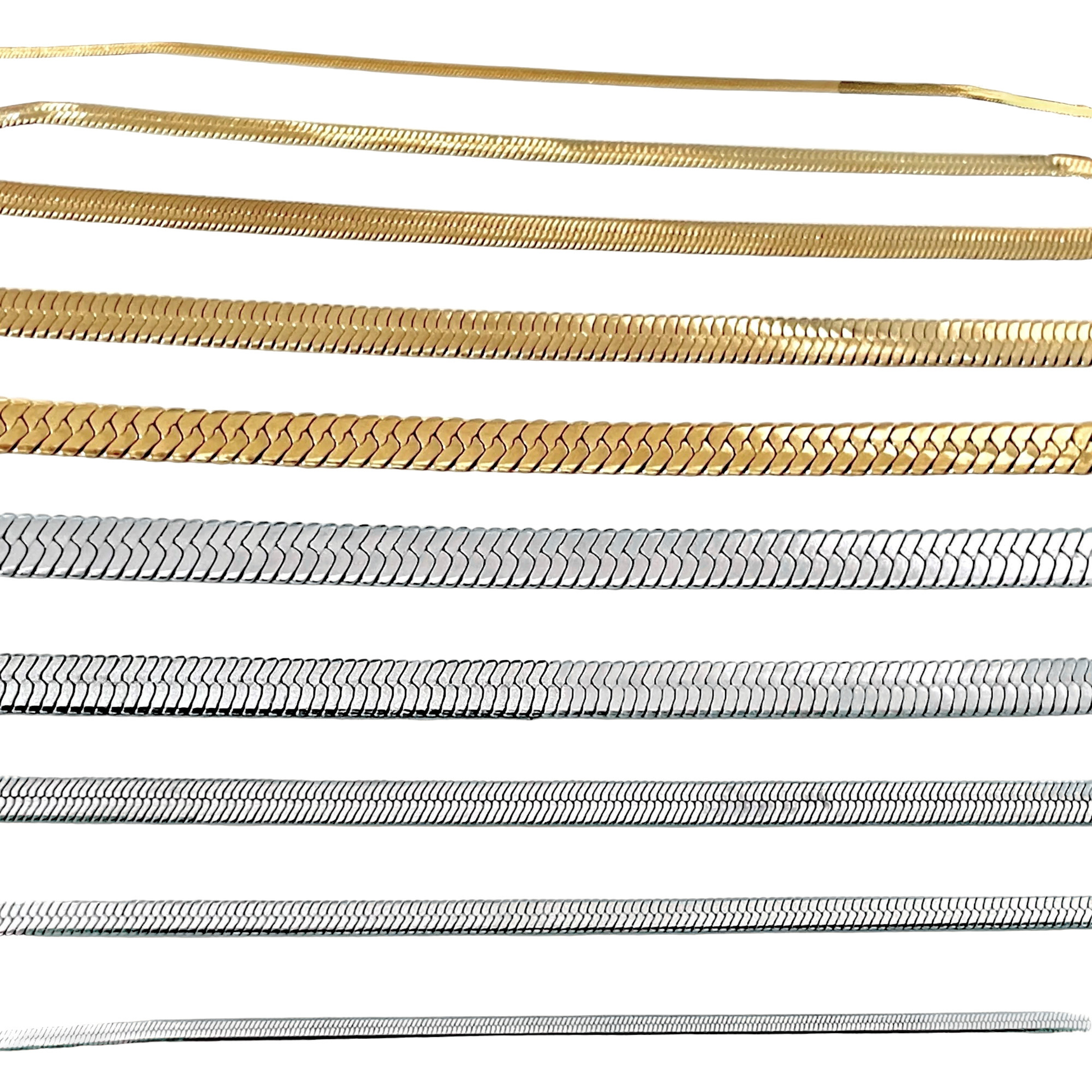 Set of gold and silver stainless steel herringbone necklaces of various widths on a white background