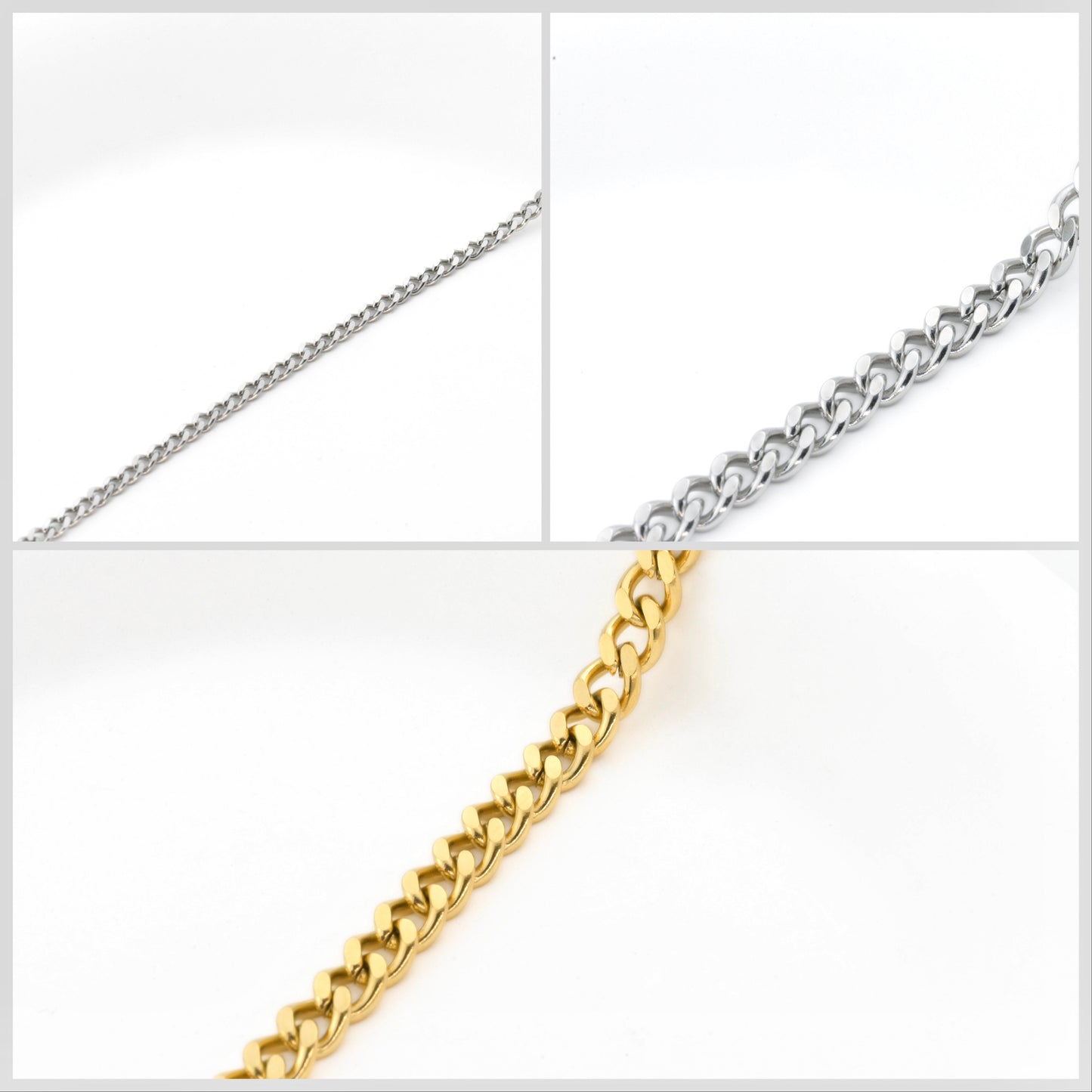 Three different curb chain necklaces in silver and gold in 5 and 3mm widths on a white background