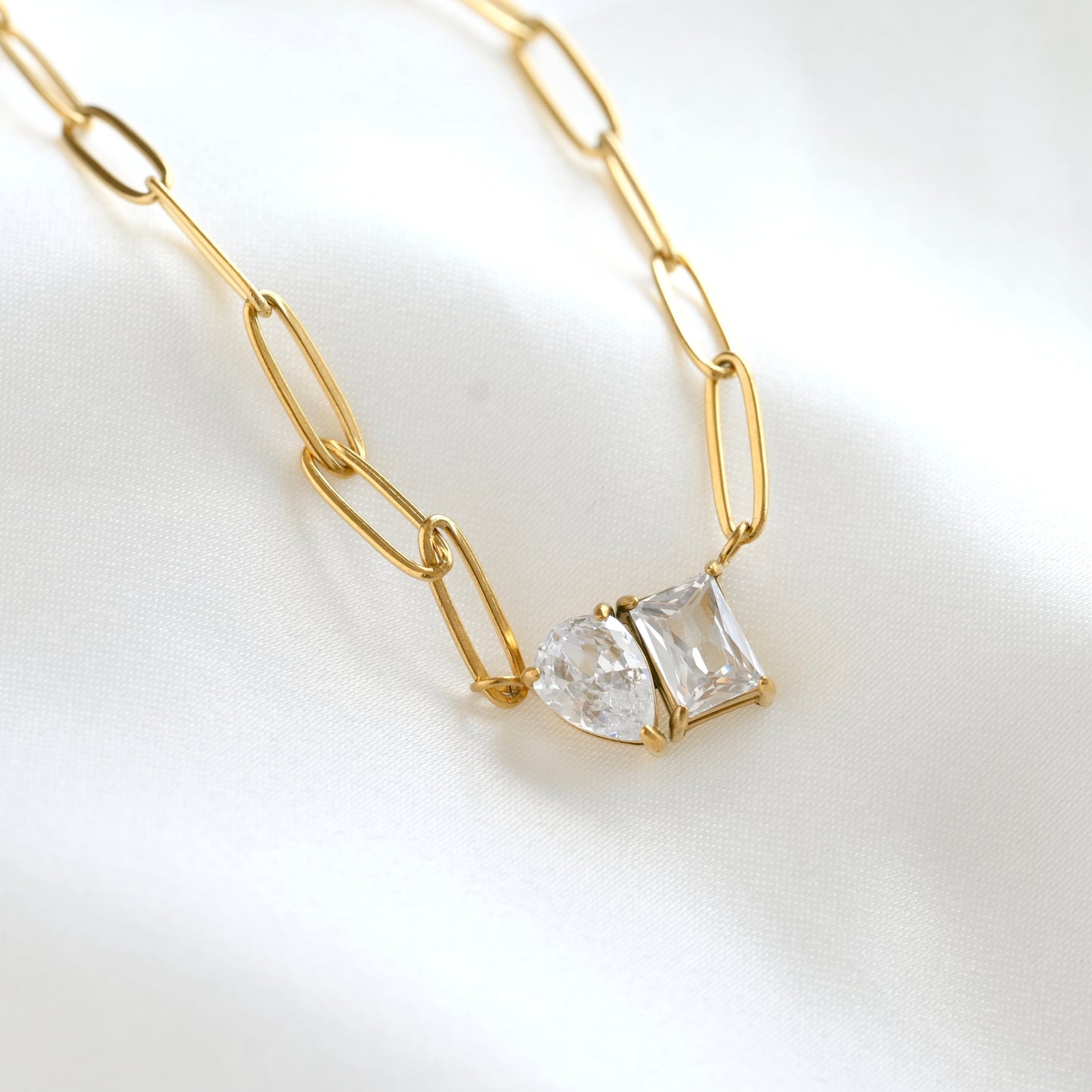 Toi et Moi Necklace - Gold Stainless Steel CZ Necklace