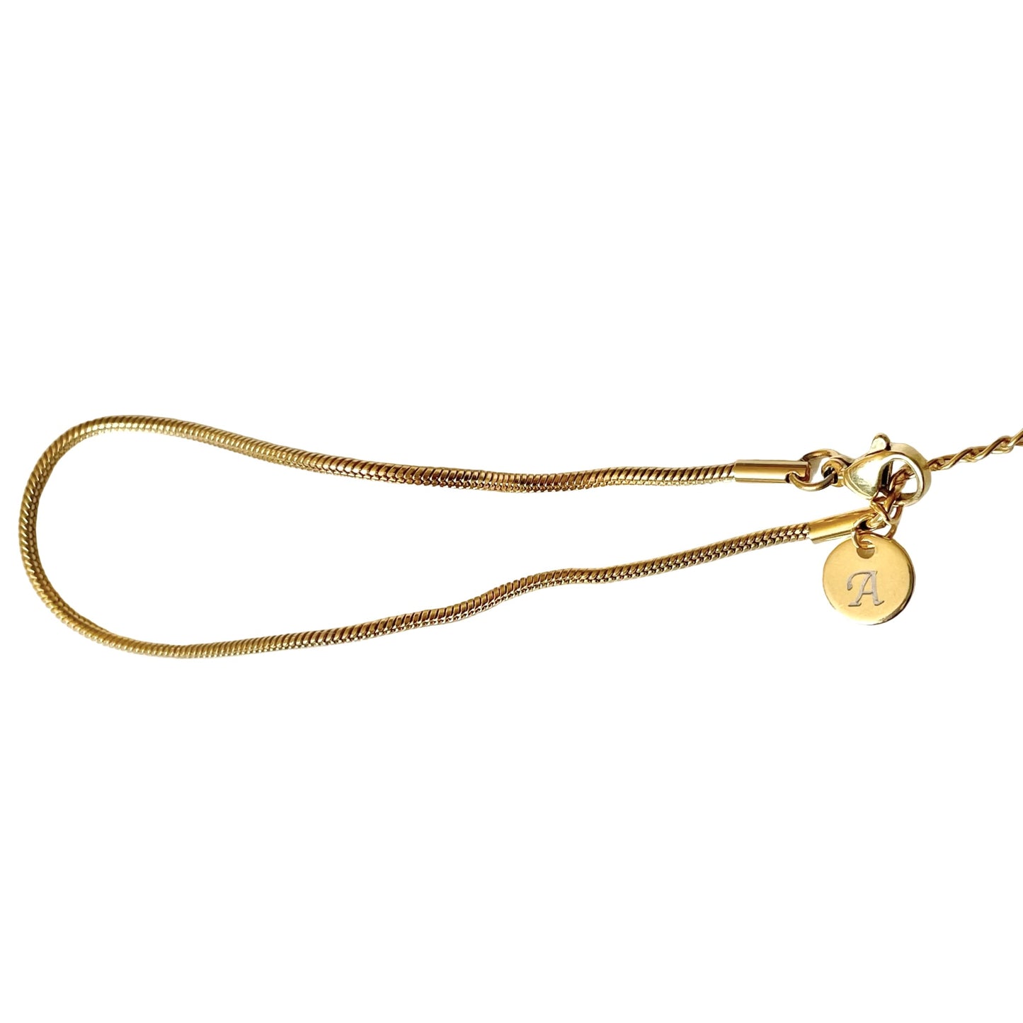 Gold skinny snake chain ankle bracelet personalized with a round initial charm on a white background