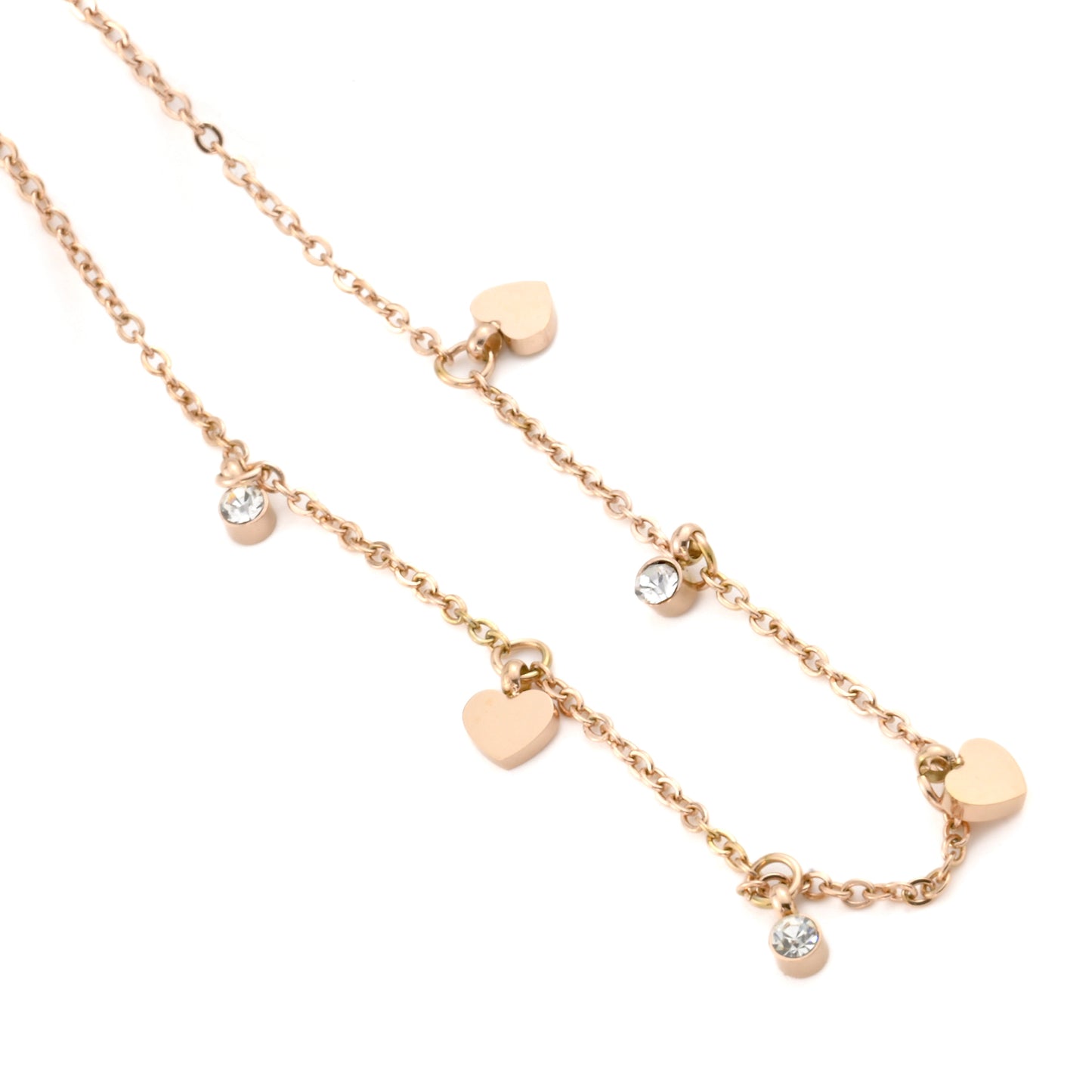 Diamond Heart Anklet, CZ and Heart Charm Ankle Bracelet, Stainless Steel, Waterproof