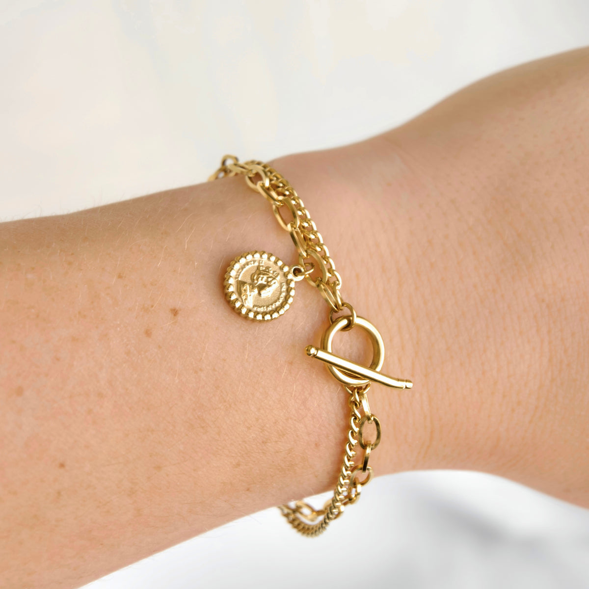 Double Layered Coin Charm Toggle Bracelet - Stainless Steel