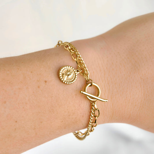 Double Layered Coin Charm Toggle Bracelet - Stainless Steel