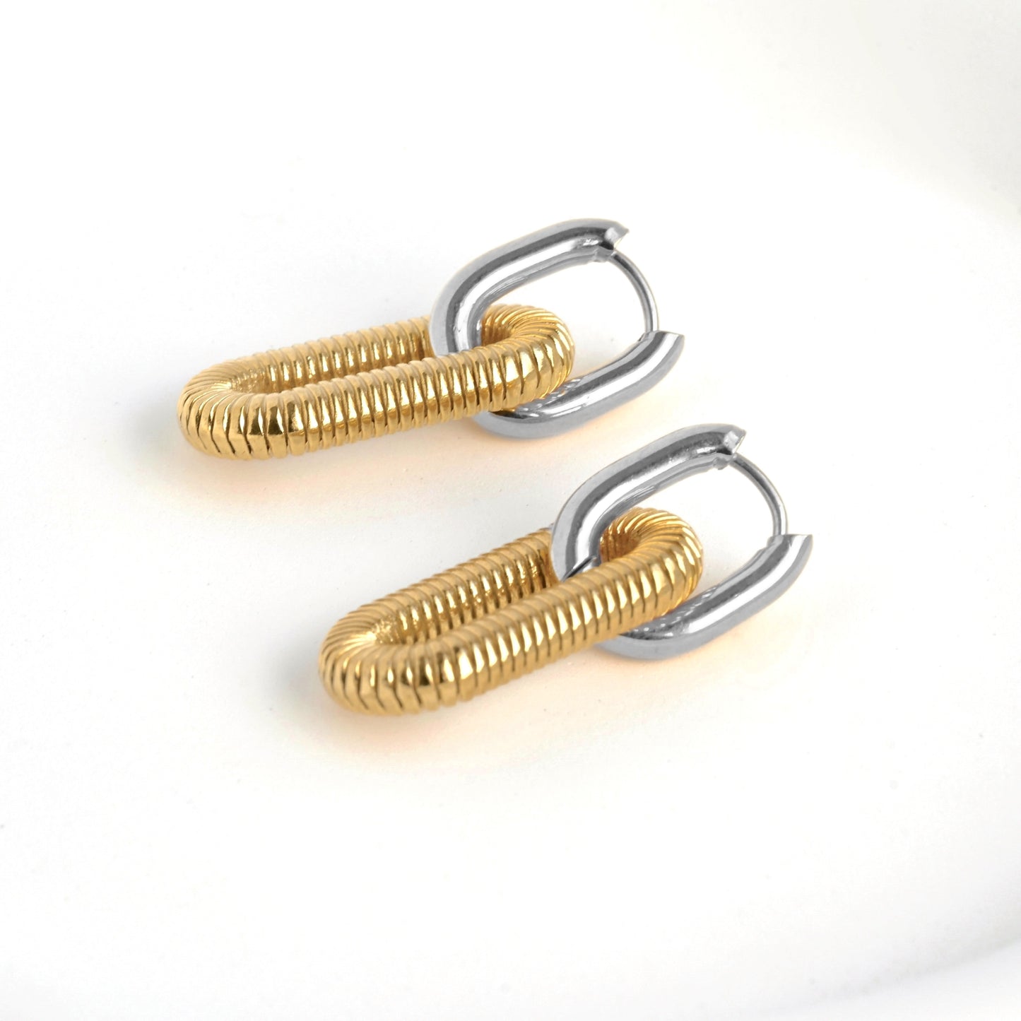 Ribbed Oval Link Hoops, 18K Gold & Silver Stainless Steel, Two-tone & Waterproof