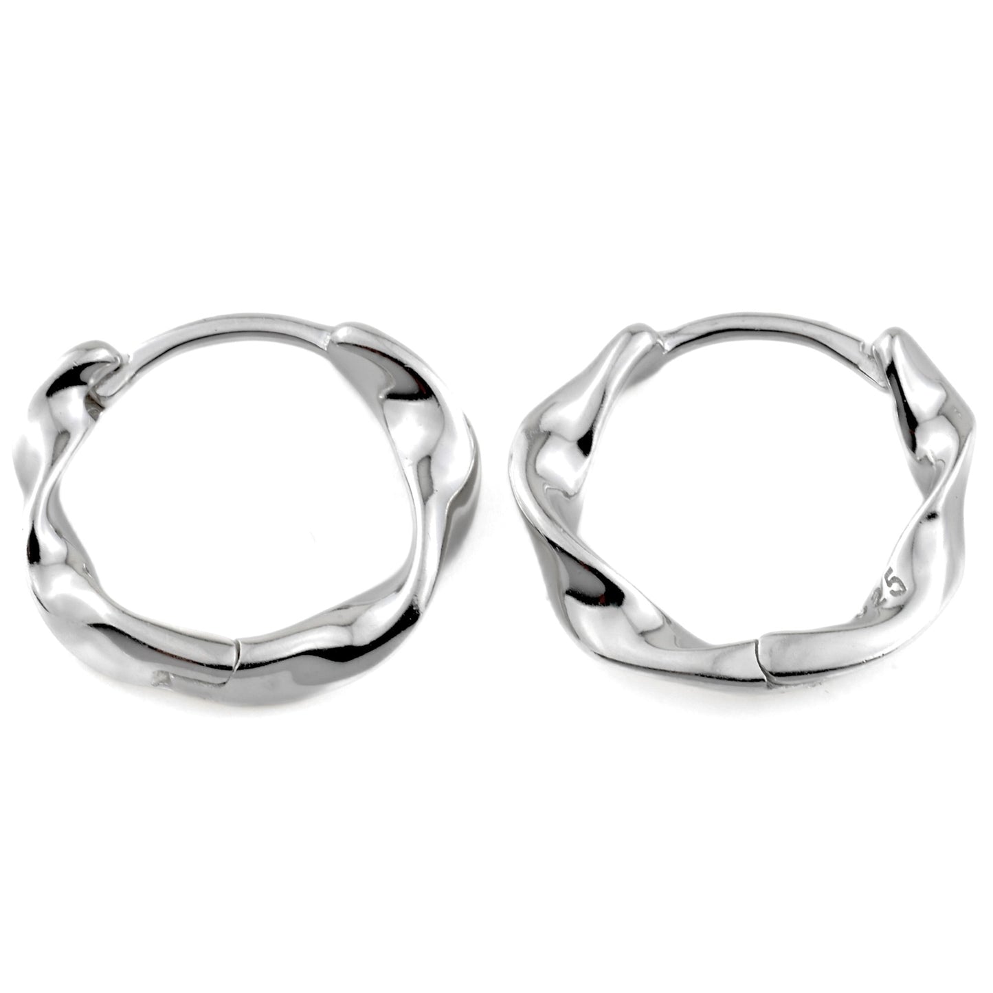 Top view of twisted silver huggie hoop earrings with S925 stamp on the inside on a white background