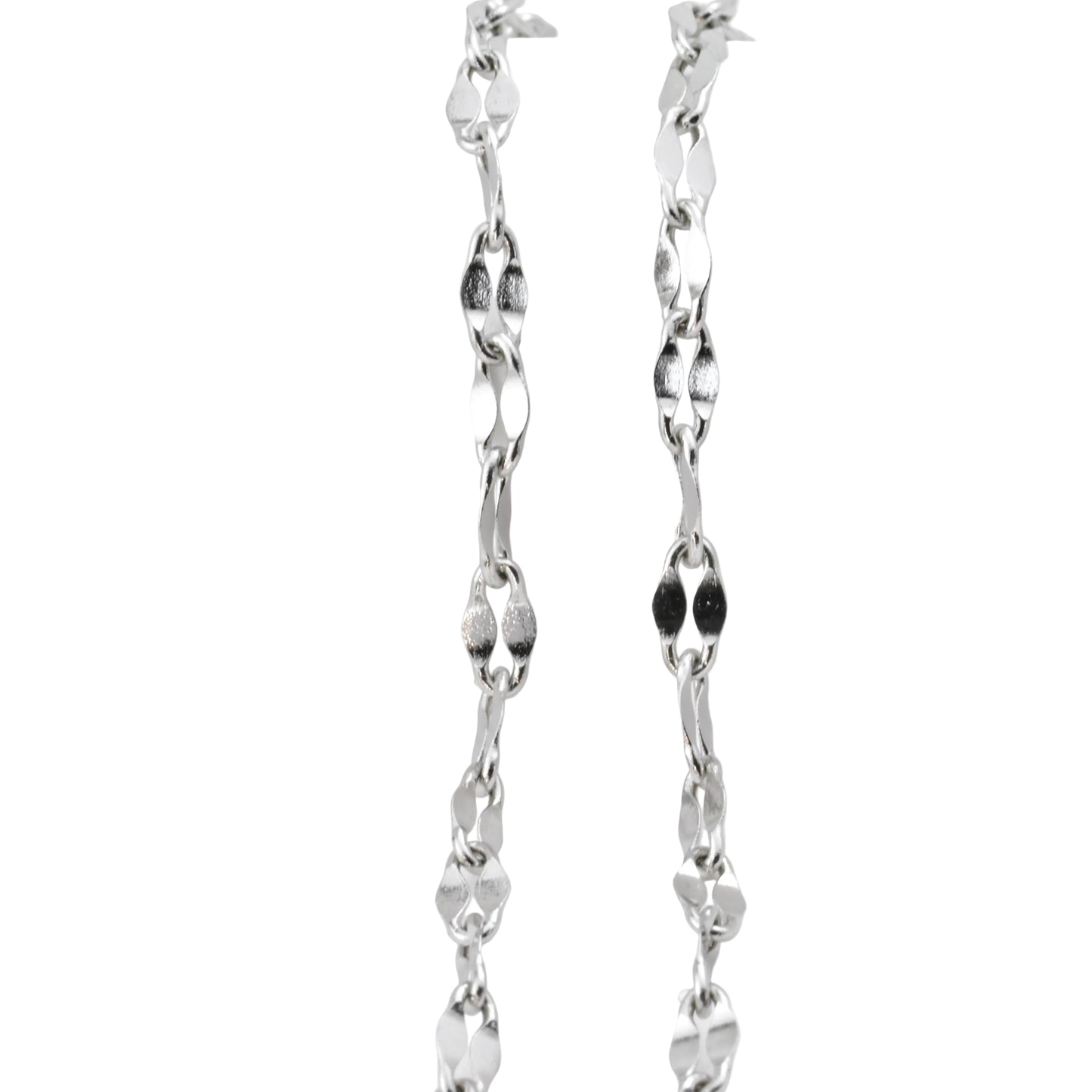 Silver sequin chain positioned vertically on a white background