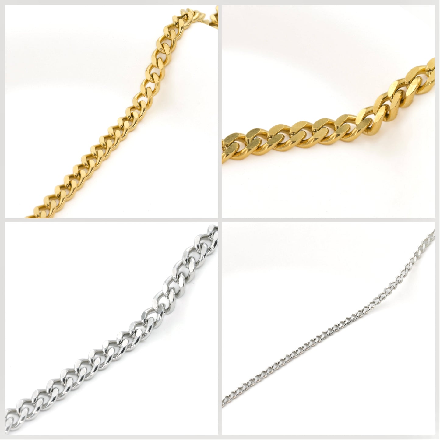 Two gold chains and two silver chains on a white background