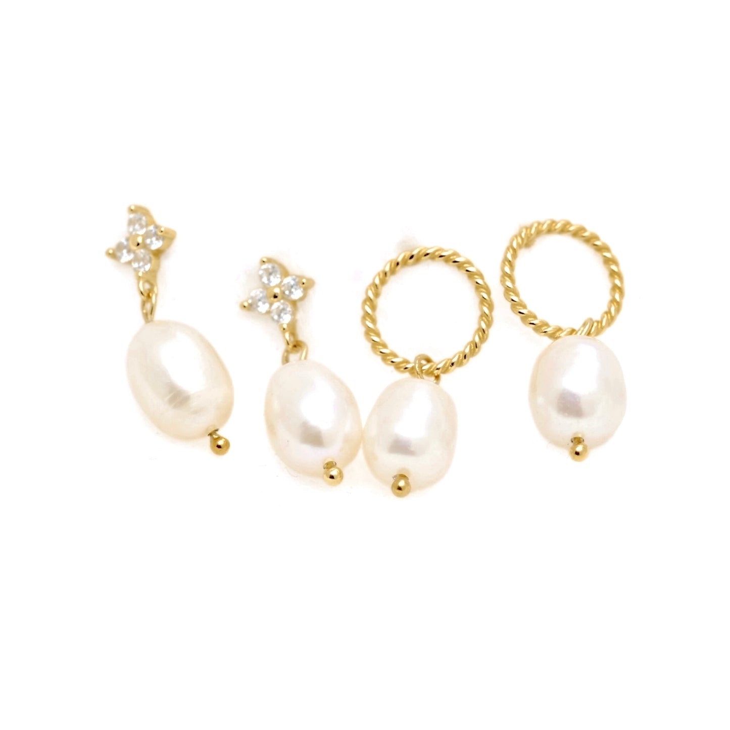 Four gold-toned pearl earrings arranged on a plain white background, including two drop earrings with star-shaped crystal tops and two hoop-style earrings with oval pearl drops.