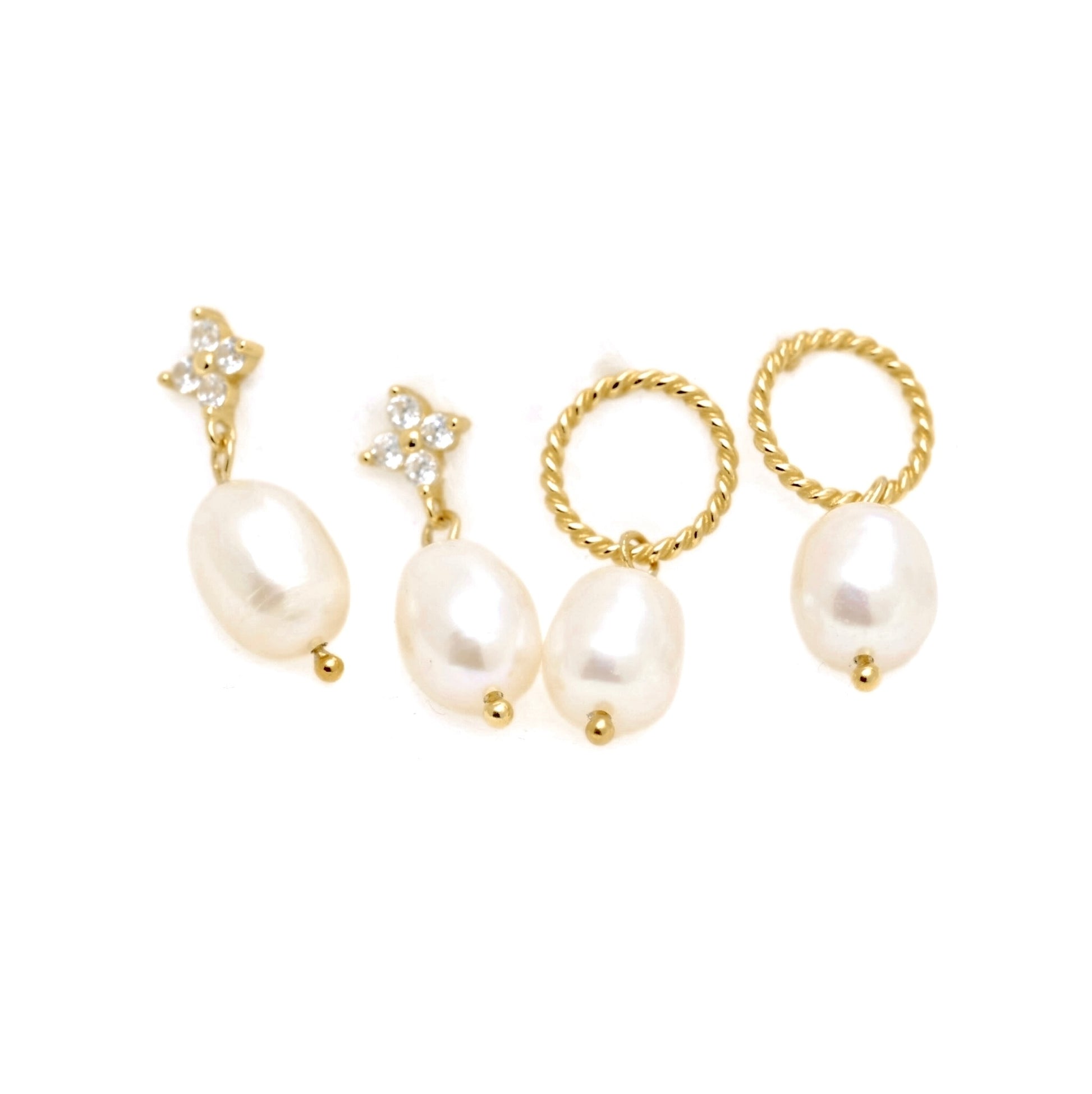 Four gold-toned pearl earrings arranged on a plain white background, including two drop earrings with star-shaped crystal tops and two hoop-style earrings with oval pearl drops.
