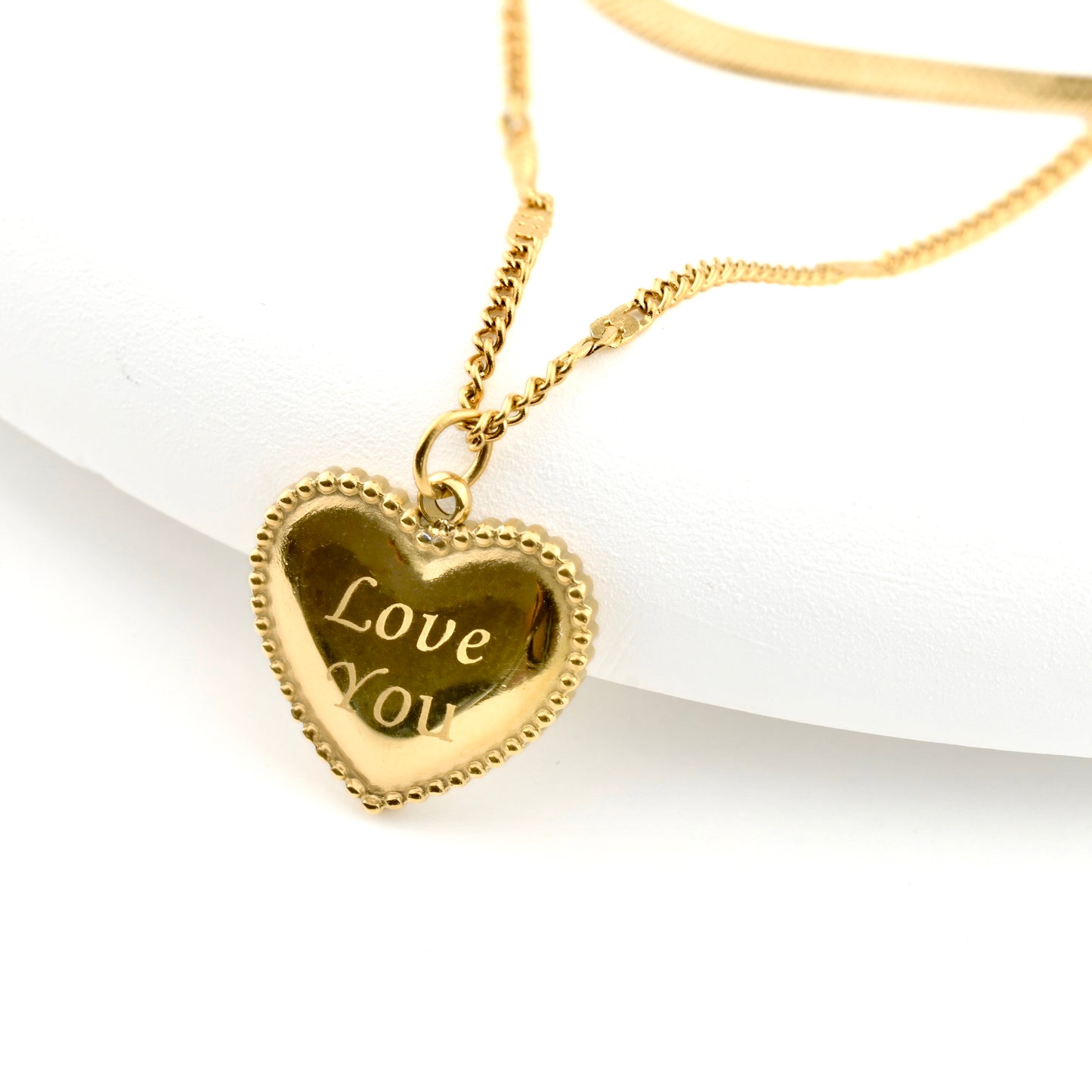 Engraved Heart Pendant & Gold Herringbone Chain, Waterproof Stainless Steel Layered Necklace Set