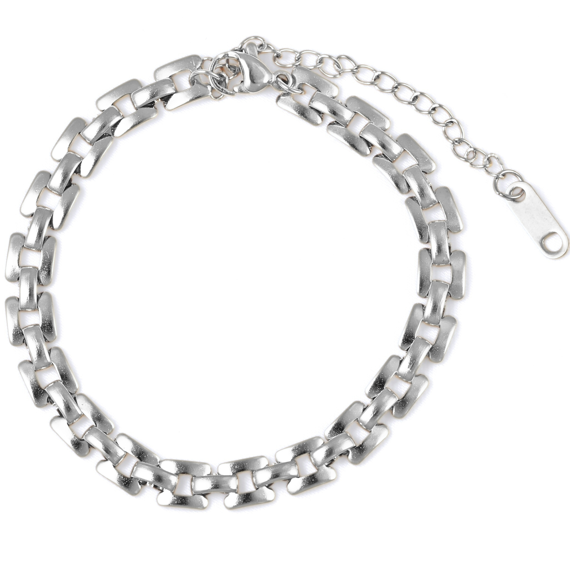 A silver-toned metal chain bracelet with a wide curb-style link design, shown on a plain white background. The bracelet is arranged in a circle with an adjustable extender chain and clasp visible.