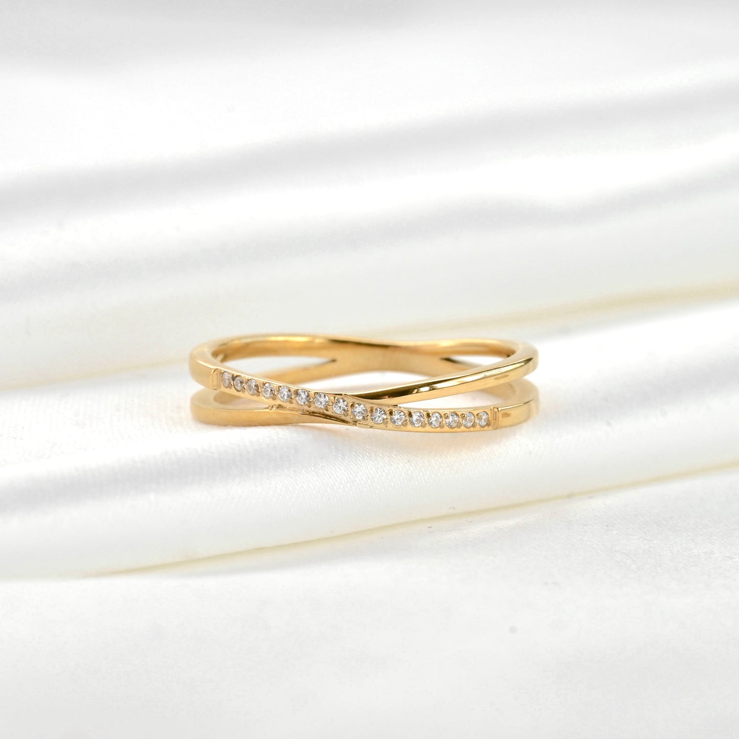 Diamond Stacker Ring Set, Gold Crossover and Straight Pavé Bands, Tarnish-free